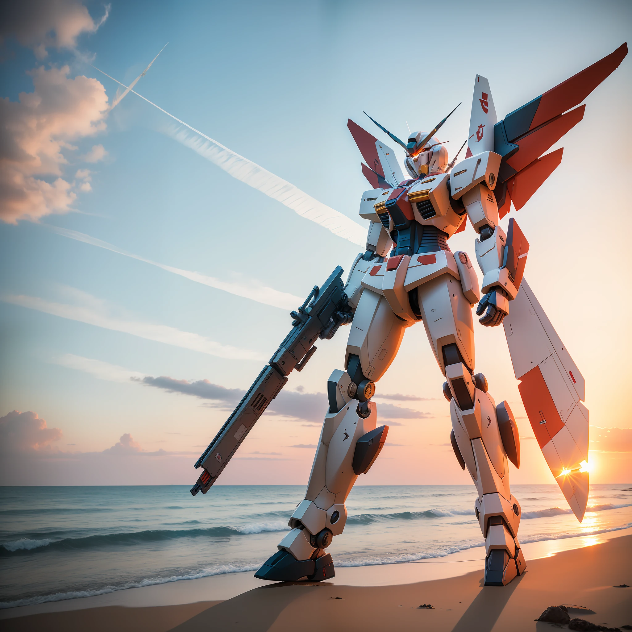 pendiente, La mejor calidad de imagen, Dibujos animados, 8K, un robot Gundam con alas, Armas armadas, atardecer, playa