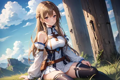 1girl, asuna_\(sao\), bangs, bare_shoulders, blue_sky, blush, boots, braid, breastplate, breasts, brown_eyes, closed_mouth, clou...