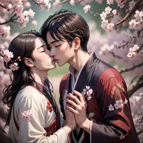 (best quality) Two (Asian Male) wearing traditional (Hanfu) kissing passionately in a serene (cherry blossom-filled) garden on a (sunny) day. Highlight their (hands and facial expressions) to capture the intensity of the moment. --auto --s2