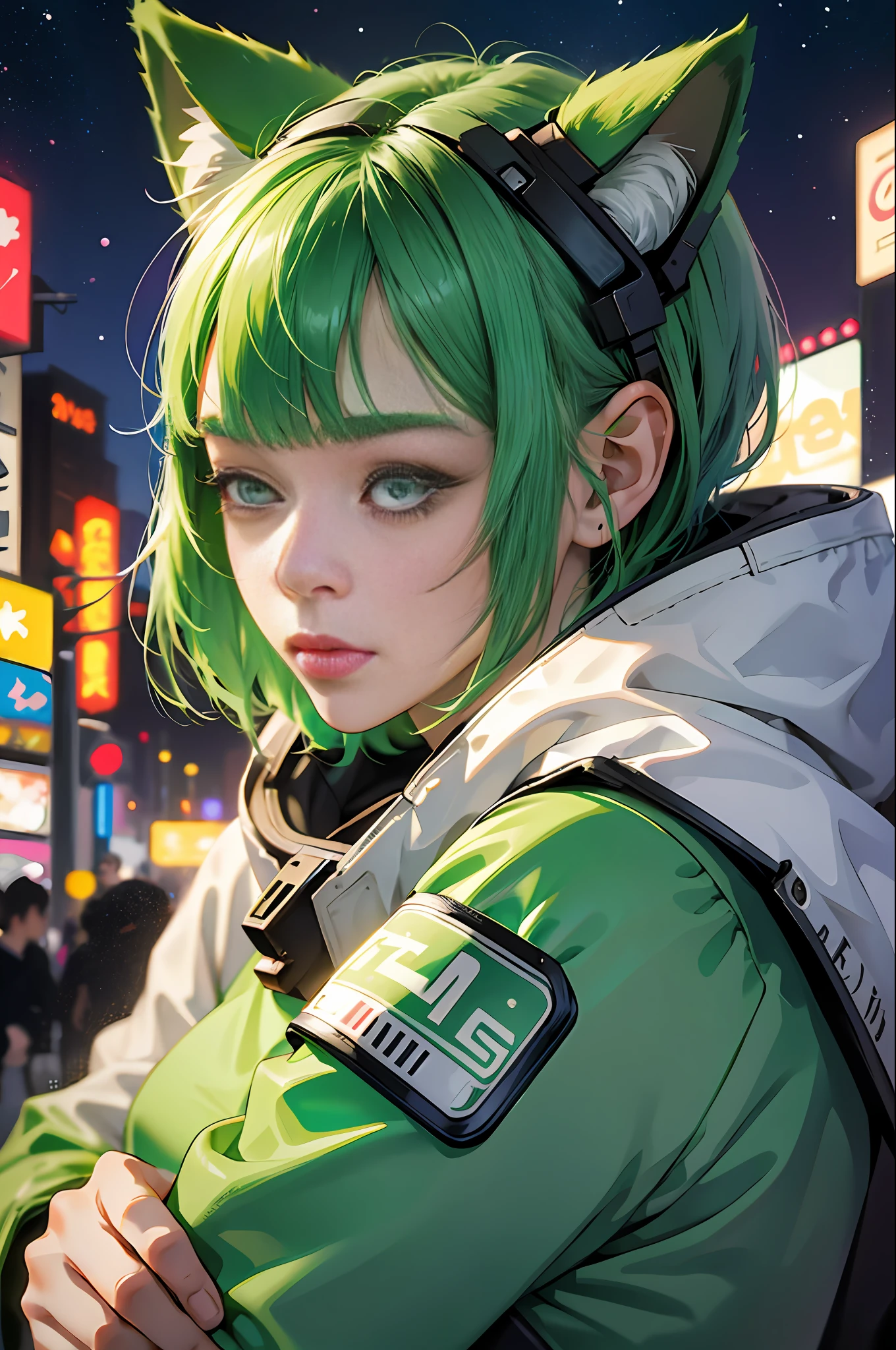 Anime girl with green hair and green ears in a city - SeaArt AI