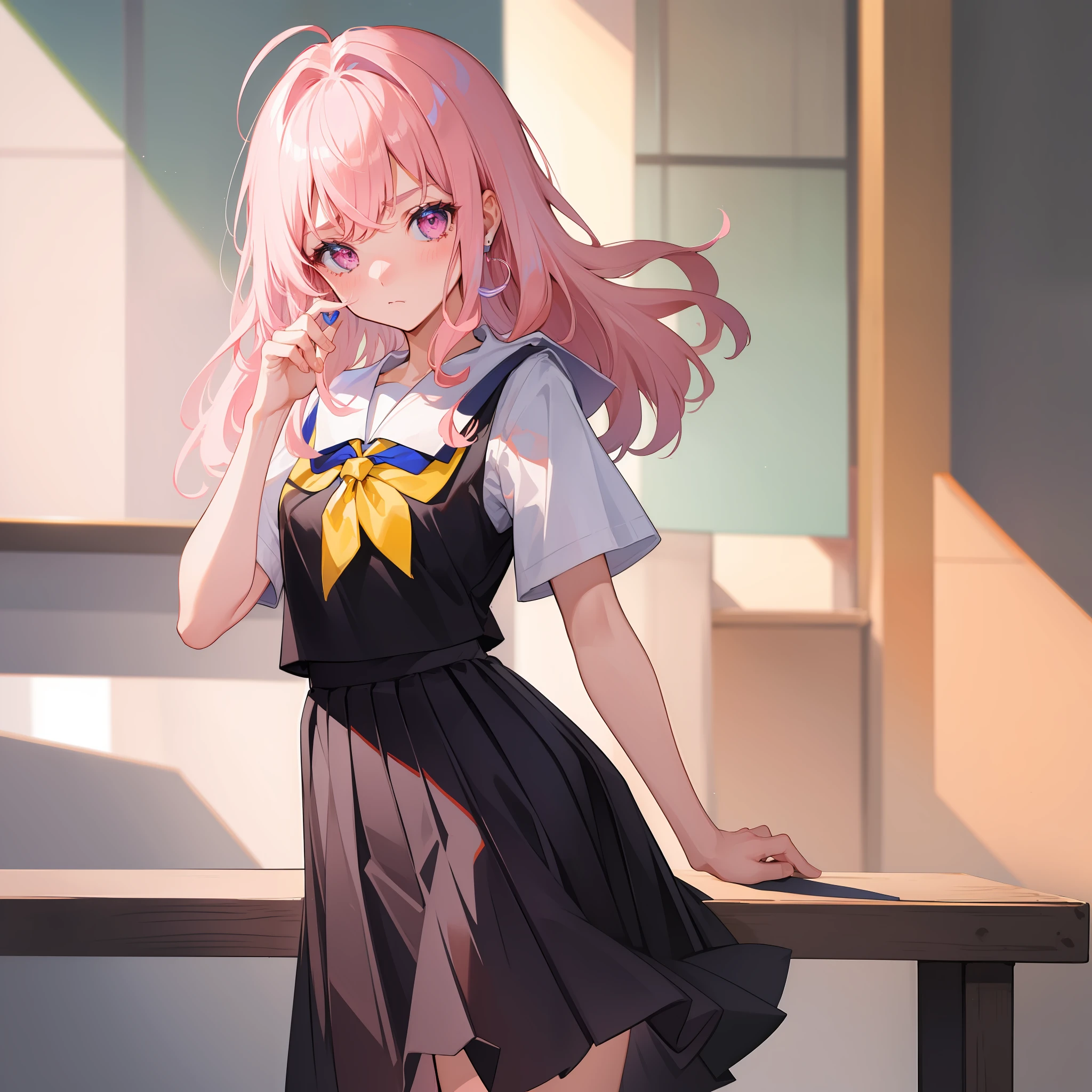 (Masterpiece), ((Best Quality)), (Super Detail), 1 Girl, Pink Hair, Small, Short Sture, Medium Long Hair, Ahoge, School, Classroom, 14 years old, , Skirt, Socks, Serafuk, Neckerchief, Sailor Color, Pleated Skirt, White Socks, Blue Skirt, Short Sleeve, Shirt, White Shirt, Blue Sailor Color, Blue Neckerchief ,, Blush, Bangs, Frown, Pink Eyes, perfect hand, hand detail, modified fingers. earrings, looking_at_viewer, top quality, rich details, perfect image quality,