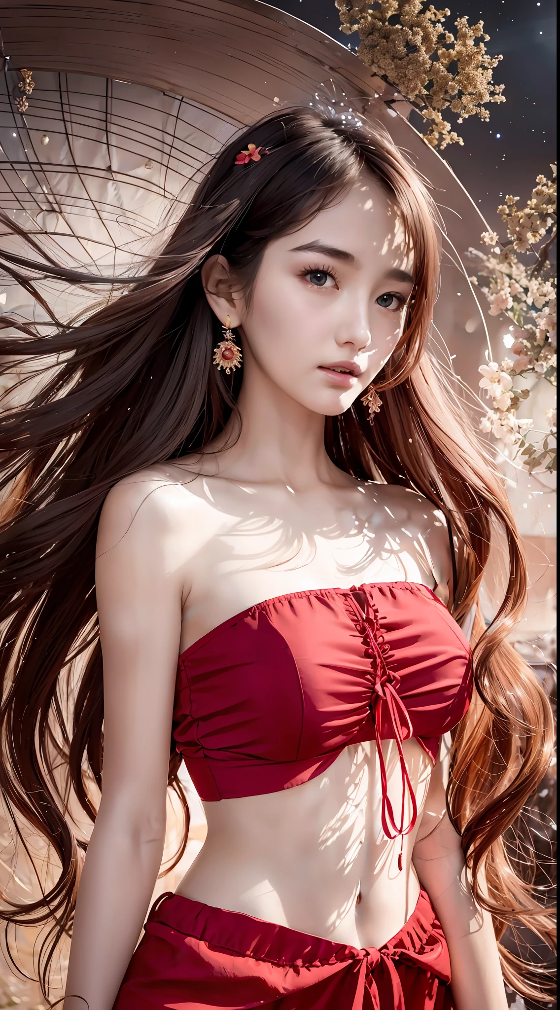 Delicate facial features, a beautiful girl, a red bandeau on the top, red pants underneath, an antique dress, hand-held strings, long hair draped over the shoulders, floating in space
