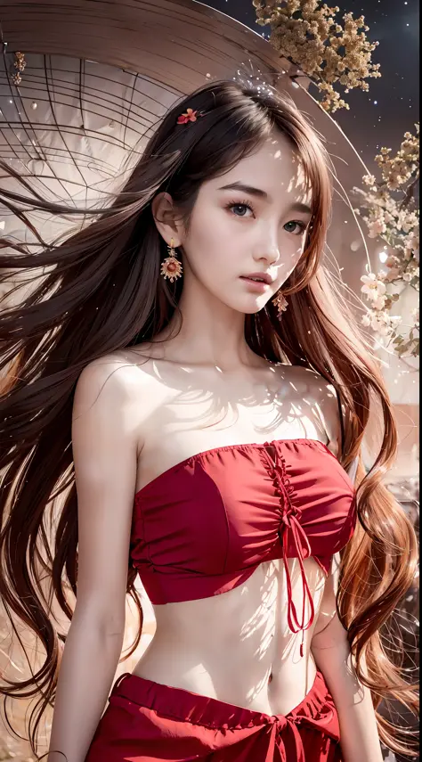 Delicate facial features, a beautiful girl, a red bandeau on the top, red pants underneath, an antique dress, hand-held strings,...