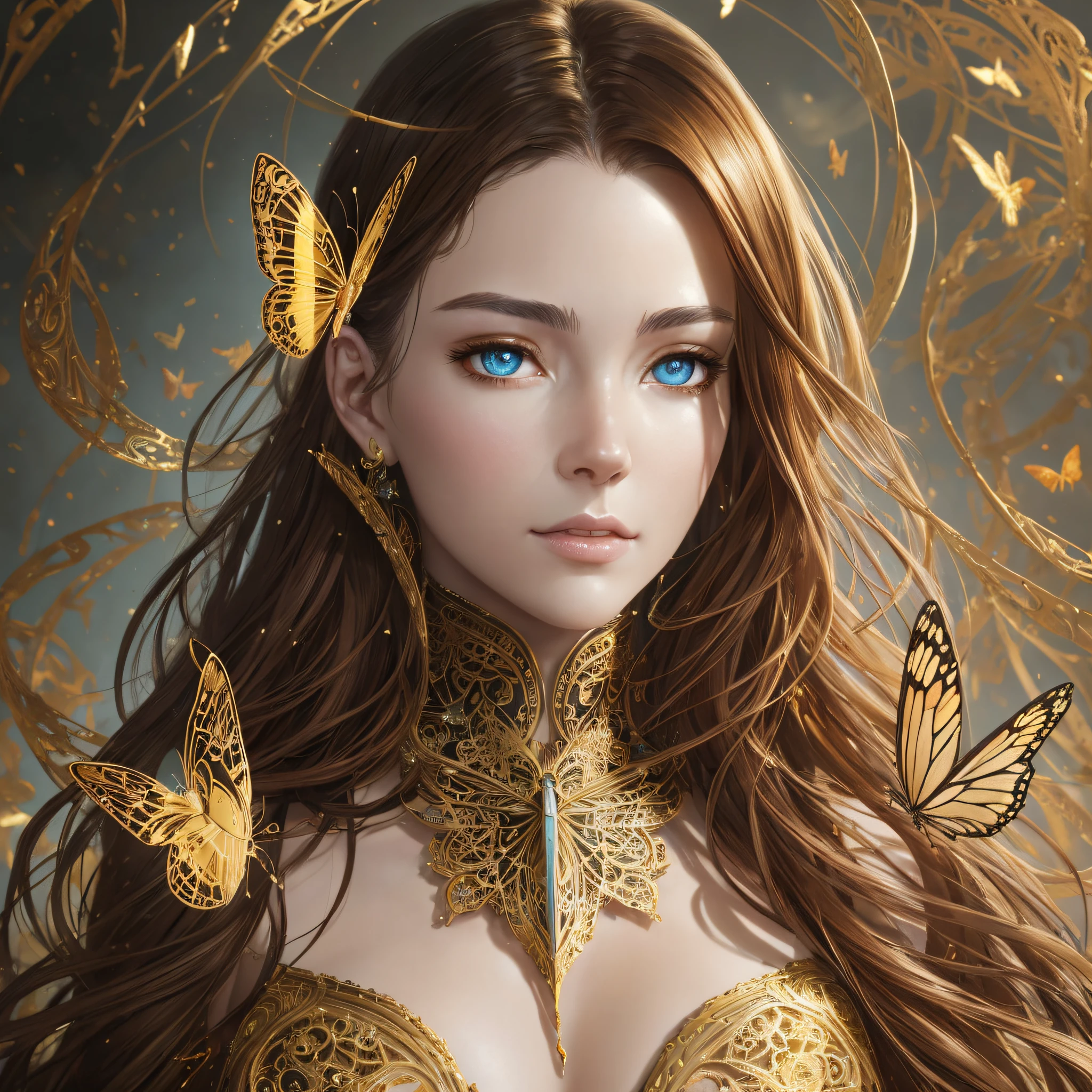 8k portrait of beautiful cyborg with brown hair, intricate, elegant, highly detailed, majestic, digital photography, art by artgerm and ruan jia and greg rutkowski surreal painting gold butterfly filigree, broken glass, (masterpiece, sidelighting, finely detailed beautiful eyes: 1.2), hdr --auto --s2