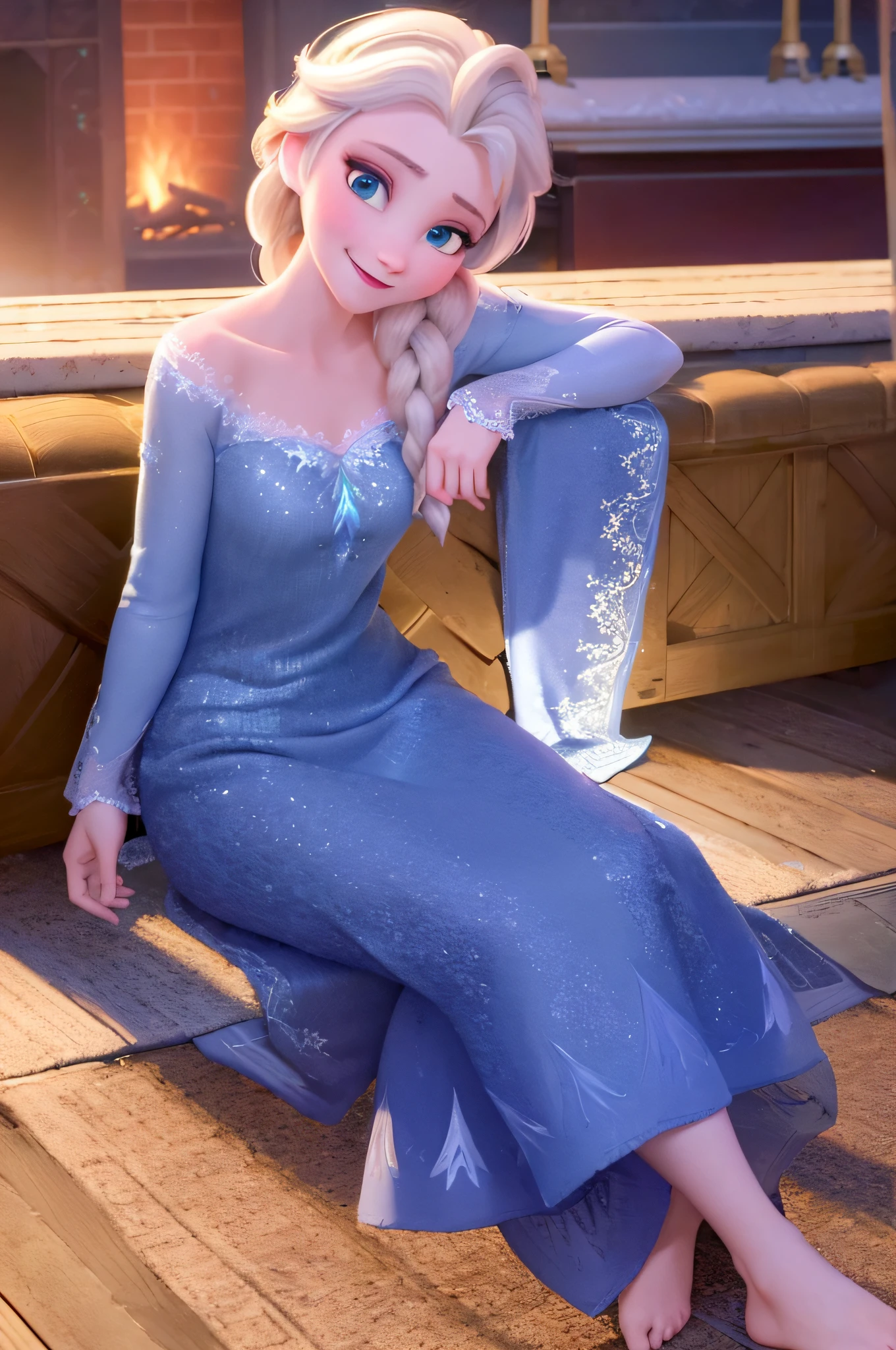 (masterpiece:1.4),(best qualit:1.4),(high resolution:1.4),elsa of arendelle,nightgown,sitting,single braid,(looking at viewer:1.1),(night:1.2),couch,fireplace,smile,