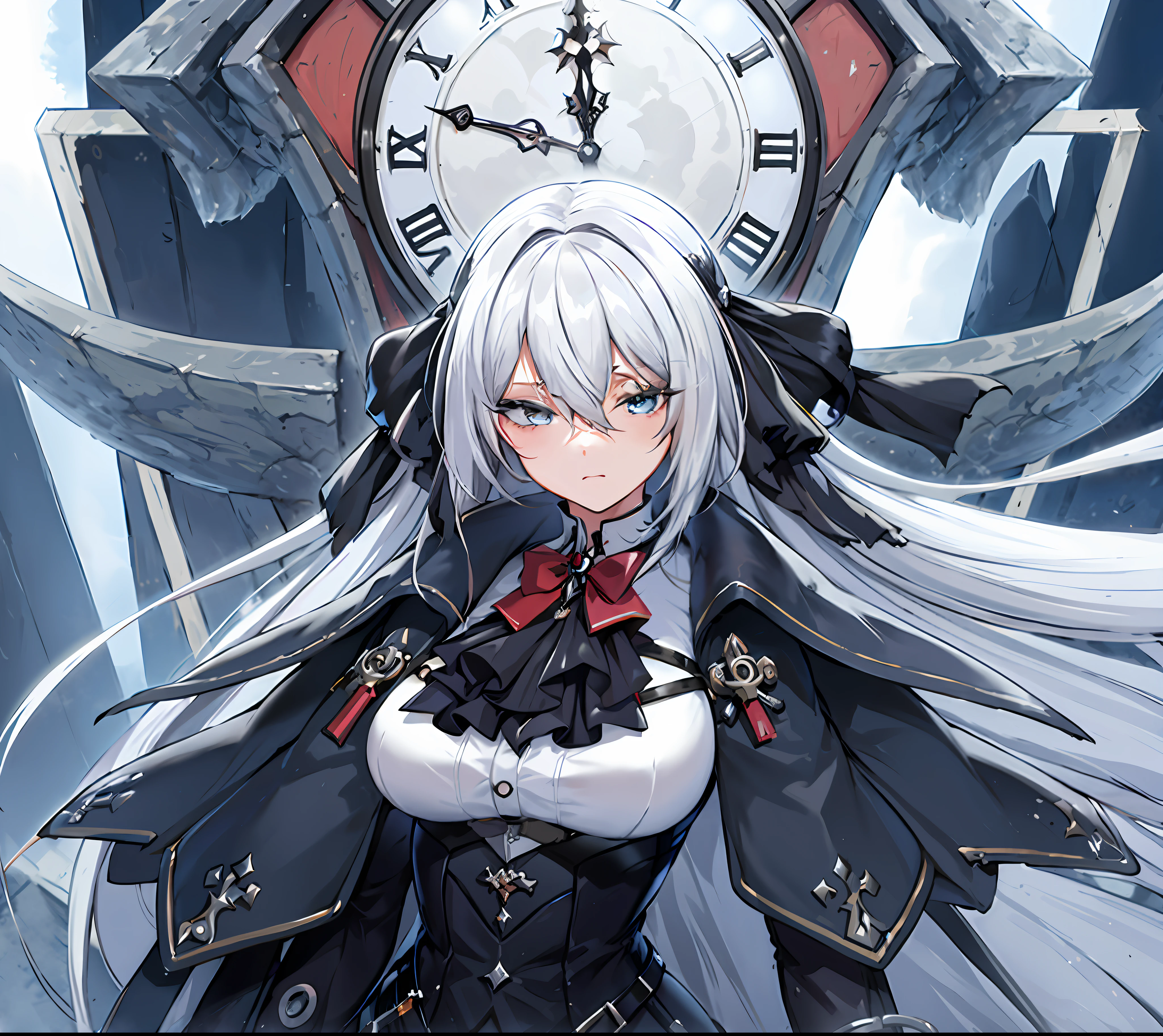 anime girl with long white hair and black dress standing in front of a clock, detailed key anime art, white haired deity, gothic maiden anime girl, best anime 4k konachan wallpaper, cushart krenz key art feminine, from girls frontline, official anime artwork, zerochan art, anime key visual of elegant, fine details. girls frontline, ultra resolution