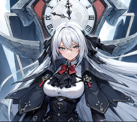 anime girl with long white hair and black dress standing in front of a clock, detailed key anime art, white haired deity, gothic...