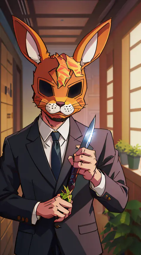 there is a man in a suit with a knife and a bunny mask, in a dimly lit room, triggering anime art style, badass anime 8 k, furry...