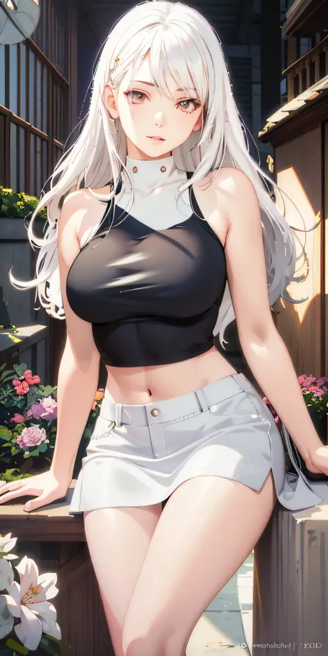 anime girl with long white hair posing in front of flowers, realistic shaded perfect body, realistic artstyle, perfectly shaded body, realistic anime 3 d style, tifa lockhart with white hair, hyperrealistic shaded, photorealistic artstyle, 🌺 cgsociety, rea...