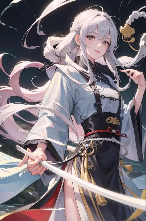 Masterpiece, Excellent, Night, Full Moon, 1 Man, Youth, Chinese Style, Ancient China, Cold Face, Expressionless Face, Silver-White Long-Haired Man, Coiled Hair, Ball Head, Long Hair, Light Pink Lips, Calm, Intellectual, Three Bangs, Gray Eyes, Assassin, Lo...