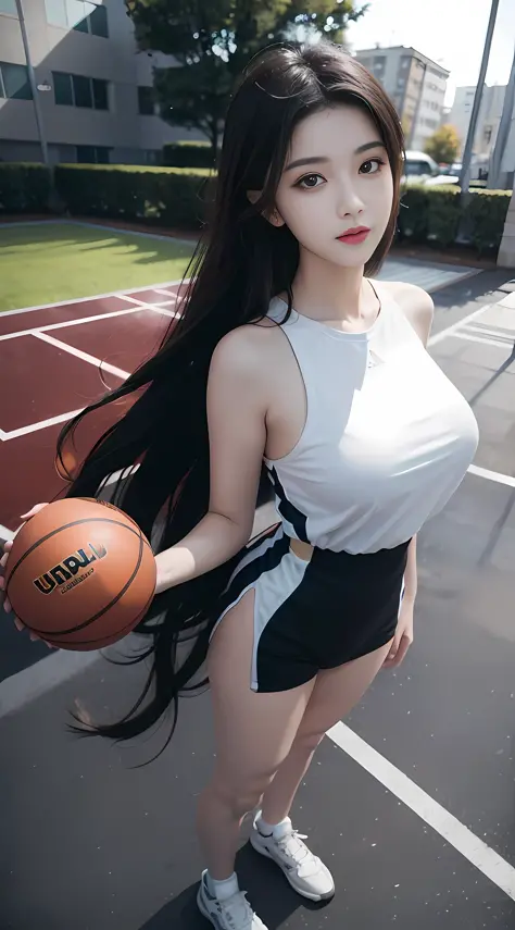 8K, Best Quality, Masterpiece: 1.2), (Realistic, Realistic: 1.37), Ultra Detailed, Best Quality, Ultra High Resolution, Professional Lighting, Photon Mapping, Teleportion, Physically Based Rendering, Film Lighting, Basketball Court, Depth of Field, Clear F...