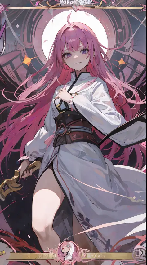 1girl, pink hair, fiery purple eyes, wears white robe, she smile like a psychopath, make it like tarot anime-style but no frame
