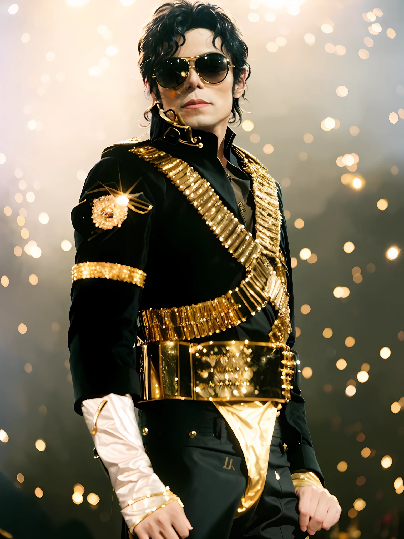 Michael Jackson con su traje dorado y gafas de sol. SeaArt AI