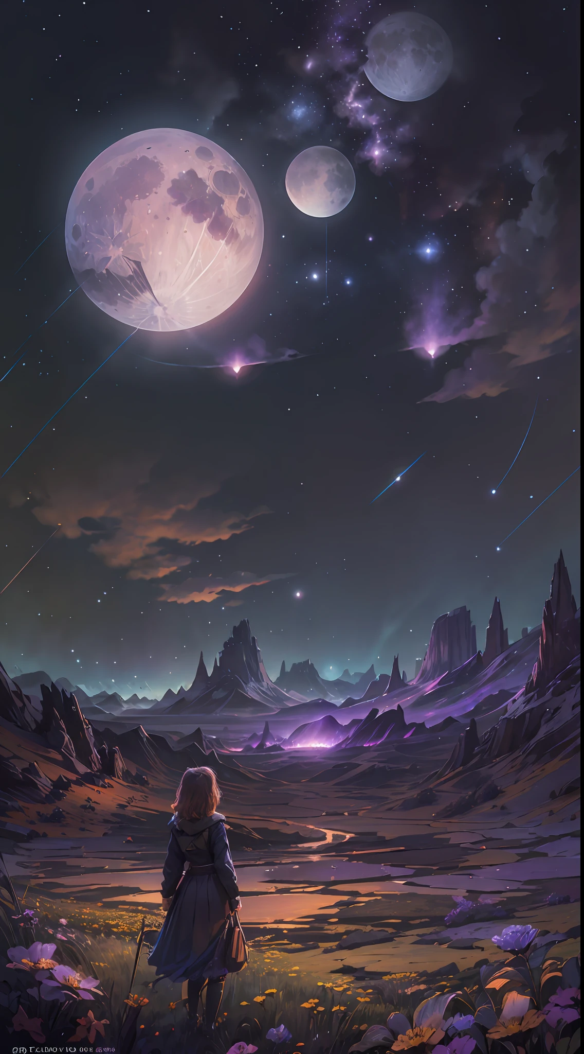 expansive landscape photograph, (Look below.), Above is the sky, Below is an open field), A girl standing on a flower field looking up, (Full Moon: 1.2), (Meteor: 0.9), (Nebula: 1.3), distant mountain, Tree BREAK making art, (Warm light source: 1.2), (Firefly: 1.2), lights, Lots of purple and orange, complicated detail, volume lighting, Realism BREAK (Masterpiece: 1.2), （best quality）, Ultra-detailed, (Dynamic composition: 1.4), RAWExtremely detailed, Colorful details, (Rainbow colors: 1.2), (glowing lighting, atmospheric lighting), Dreamlike, Magical, (Solo: 1.2), 4k --auto --s2