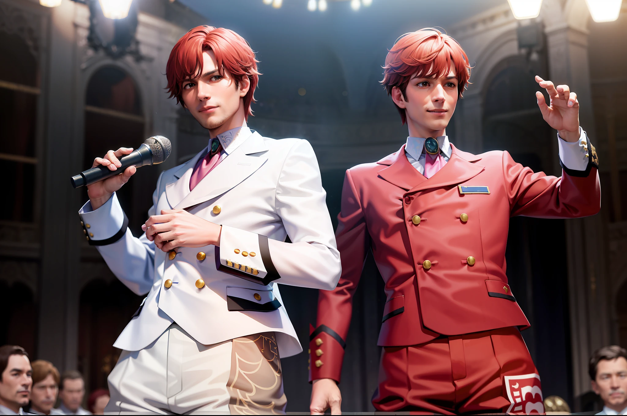 (Masterpiece, Best Quality, Realistic), Male Focus, 1 Man, Right Palace Fighter, Smile, Shut Up, Look at the Audience, Red Hair, Hands in Pockets, Formal, White Suit