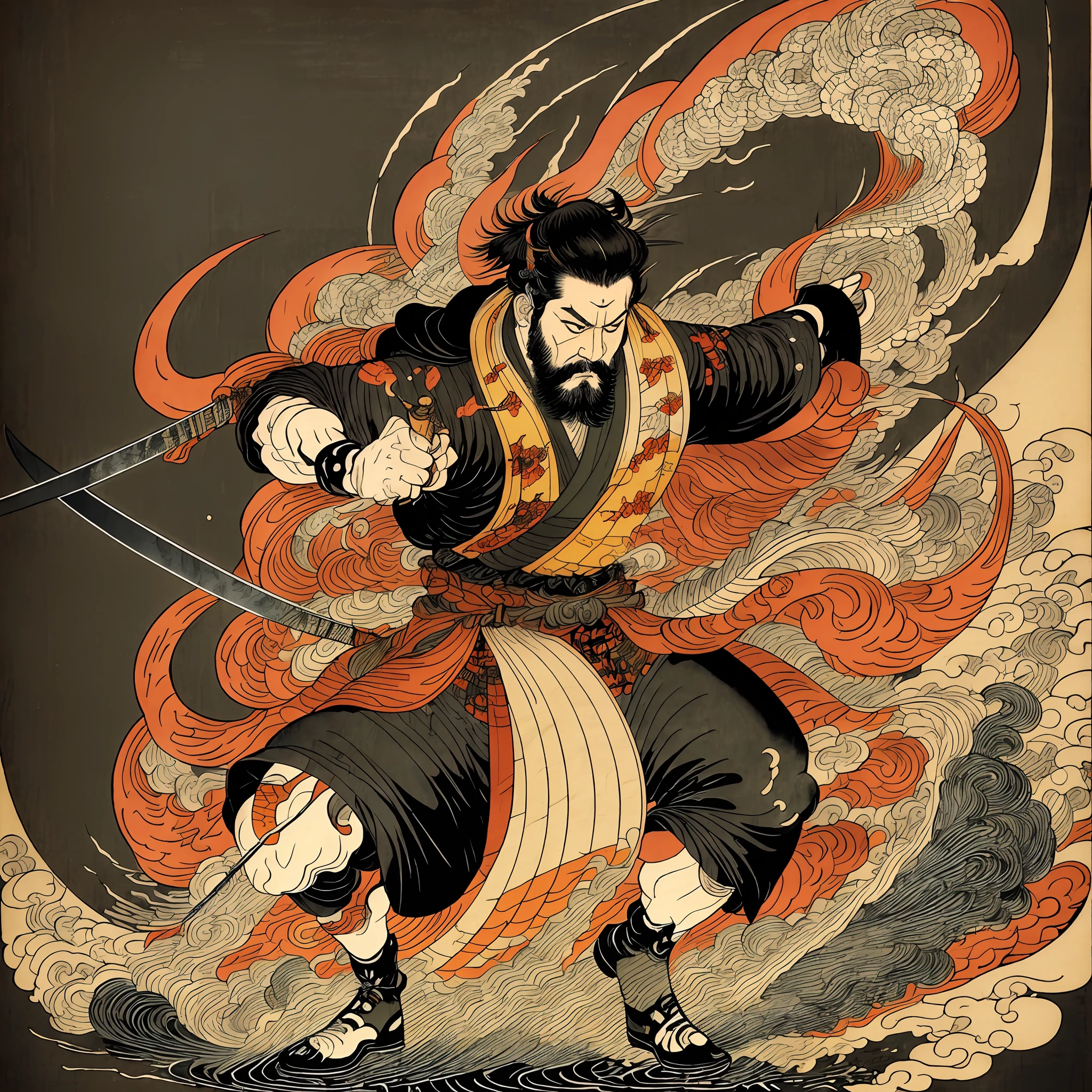 É uma pintura de corpo inteiro com cores naturais no estilo ukiyo-e. Um samurai japonês com um corpo grande como um homem forte. Ele tem um rosto áspero, cabelo preto curto, e um curto, barba aparada. Ele usa um quimono preto. O hakama deve ser um pouco mais longo e desenhado em uma forma fluida que flutua ao vento. Ele segura uma espada na mão direita com chamas saindo de sua espada japonesa. O fundo é uma chama rodopiante no estilo Katsushika Hokusai. Obra-prima do estilo ukiyo-e de alta resolução, com a mais alta qualidade --auto --s2