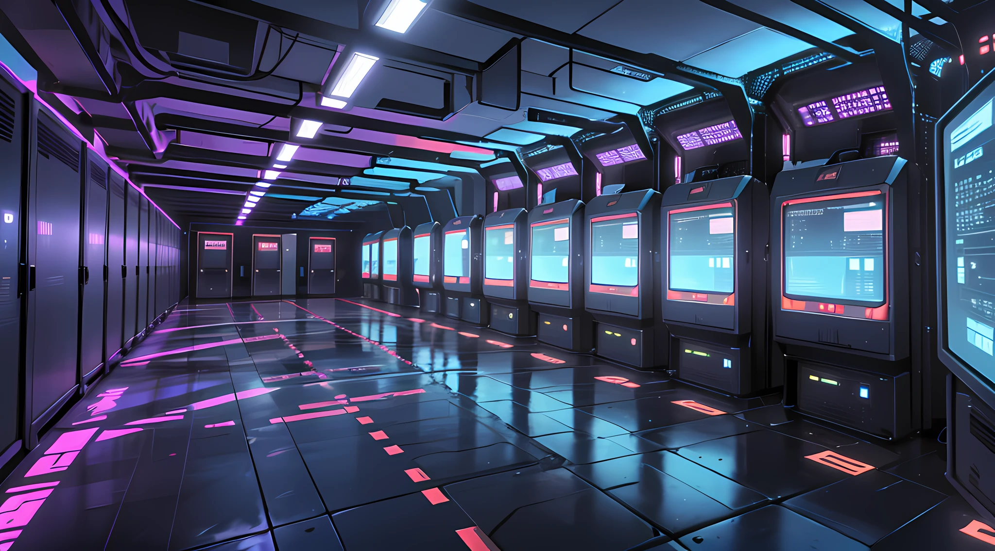 a dimly lit hallway with rows of data and computer screens, background is data server room, hacking into the mainframe, cyber space, in realistic data center, 3840x2160, 3840 x 2160, spaceship hallway background, cyber architecture, surreal cyberspace, in detailed data center --auto --s2