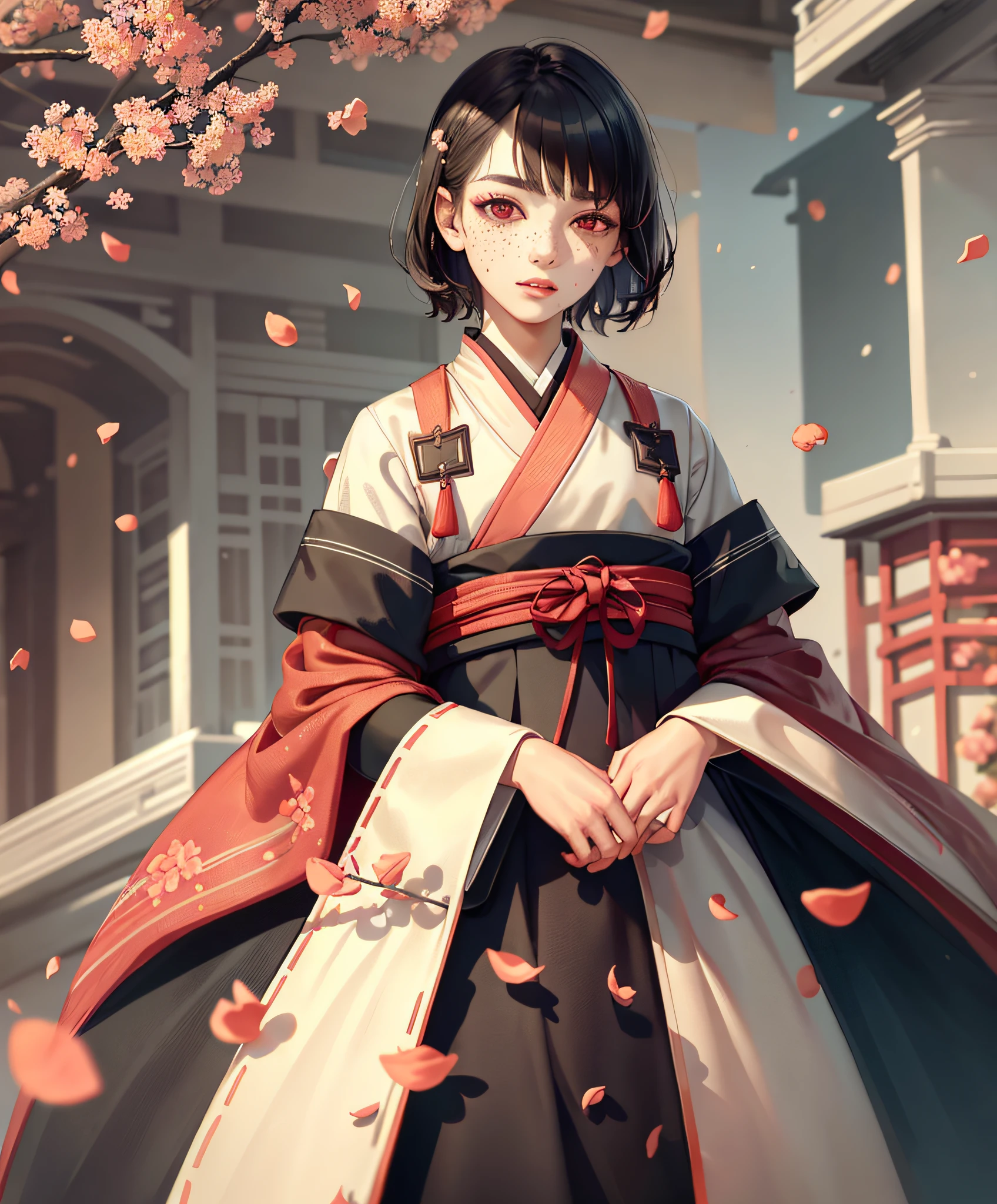 Falling flowers, (petals: 1.2), 1boy, upper body, from below, wind, red eyes, black hair, moles under eyes, (freckles: 0.6), lips, eyebrows, (short hair), hanfu, peach blossoms, grass, architecture, construction,