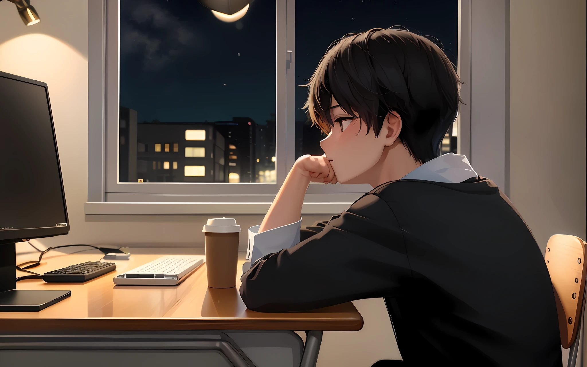 Anime-Serie boy sitting at a desk with a computer and a cup of coffee, Anime-Serie art wallpaper 8 k, 4k Anime-Serie wallpaper, smooth Anime-Serie cg art, digital Anime-Serie illustration, Makoto Shinkai. digital render, Anime-Serie style 4 k, Anime-Serie art wallpaper 4k, Anime-Serie art wallpaper 4 k, Anime-Serie wallpaper 4k, Anime-Serie wallpaper 4 k, Anime-Serie. sanfte Beleuchtung