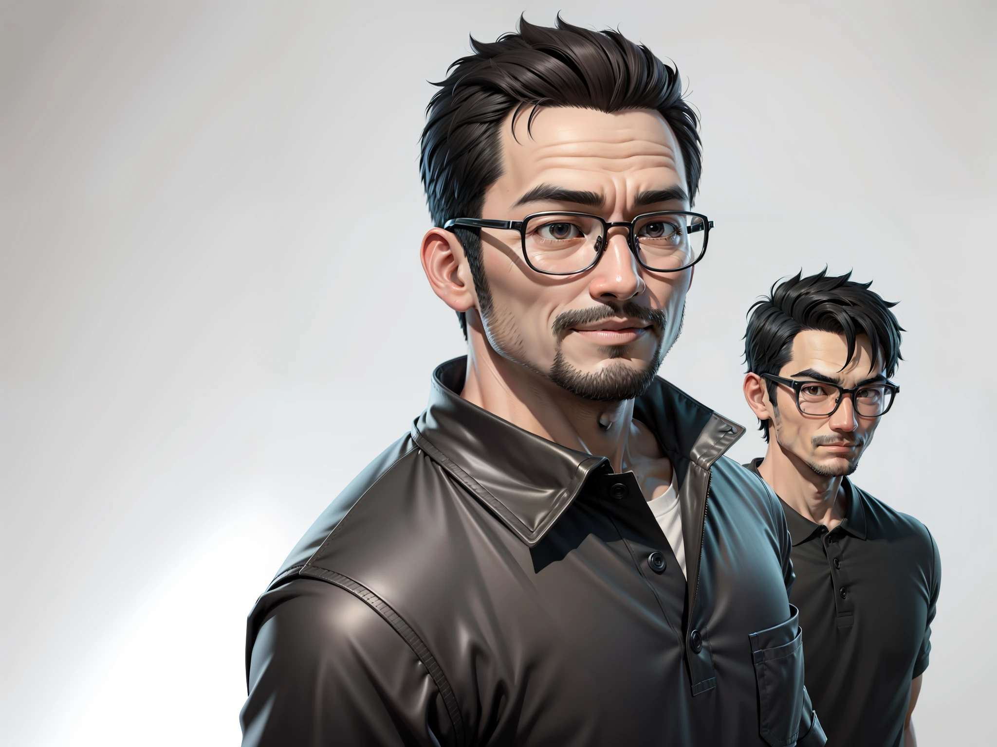 Super young, Japanese man, 35 years old, silver glasses, slightly chubby face, clean face, no beard on chin, black super short hair, black eyes, confident smile, polo cedar, digital painting, film, 3D character design by Mark Claireden and Pixar and Hayao Miyazaki, the illustration is HD illustration in 4K resolution with very detailed facial features and cartoon-style visuals.