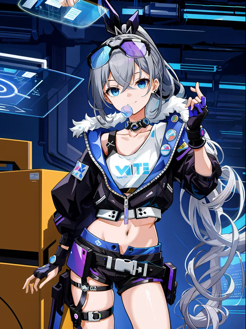 ((masterpiece)), super high quality, curly high ponytail girl, gray hair, cyberpunk style, blowing bubble candy, dressed in cybe...