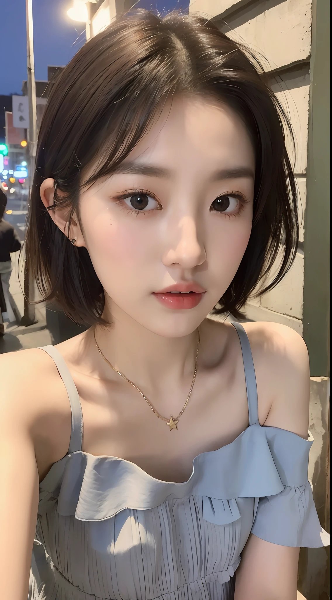 (1 cute Korean star), ((best quality, 8k, masterpiece: 1.3)), focus: 1.2, perfect body beauty: 1.4 , ((layered short hair: 1.2)), (night, street:1.3), highly detailed face and skin texture, fine eyes, double eyelids, whitening skin, (dress: 1.3), auditorium, selfie,