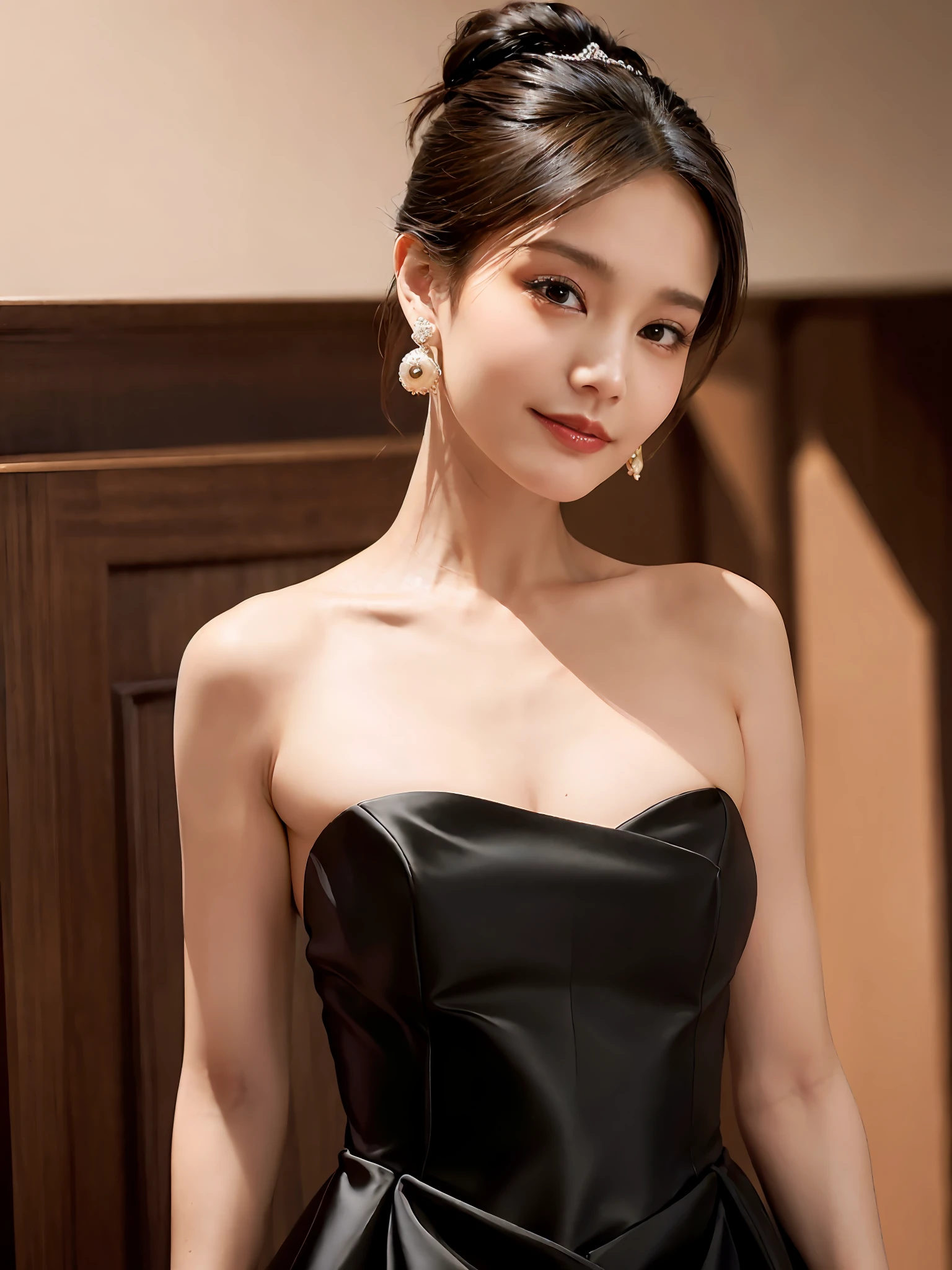 jewelry, solo, earrings, necklace, black hair, smile, single hair bun, (formal dress:1.6), realistic, hair bun, bracelet, grin, ulzzang-6500v1.1, (original: 1.2), (realistic: 1.3) , beautiful girl with beautiful details, extremely detailed eyes and face, eyes with beautiful details, absurd, incredibly absurd, huge file size, ultra detail, high resolution, ultra detailed, best quality, masterpiece, illustration, ultra detailed and beautiful, ultra detailed, CG, unity, 8k wallpaper, amazing, fine Detail, masterpiece, top quality, official art, extremely detailed CG unity 8k wallpaper, cinematic lighting, (perfect shiny skin:0.6), slim and smooth lines, (floating), (small breasts:1),  earrings,