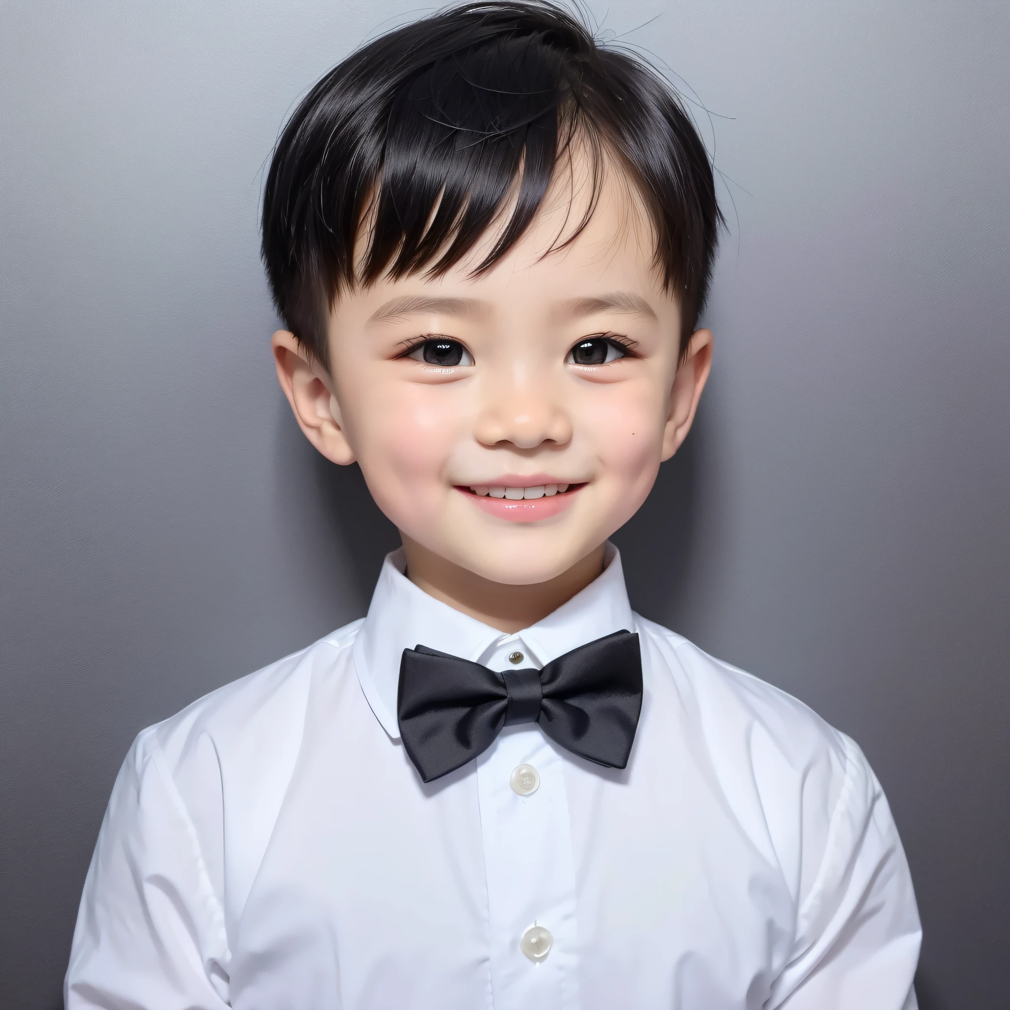 style moderne, fond blanc, Photo d&#39;identité d&#39;un enfant chinois, beau, garçon souriant, yeux noirs, tête plate, noeud papillon