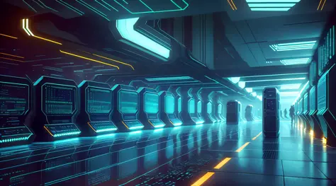 a dimly lit hallway with rows of data and computer screens, background is data server room, hacking into the mainframe, cyber sp...