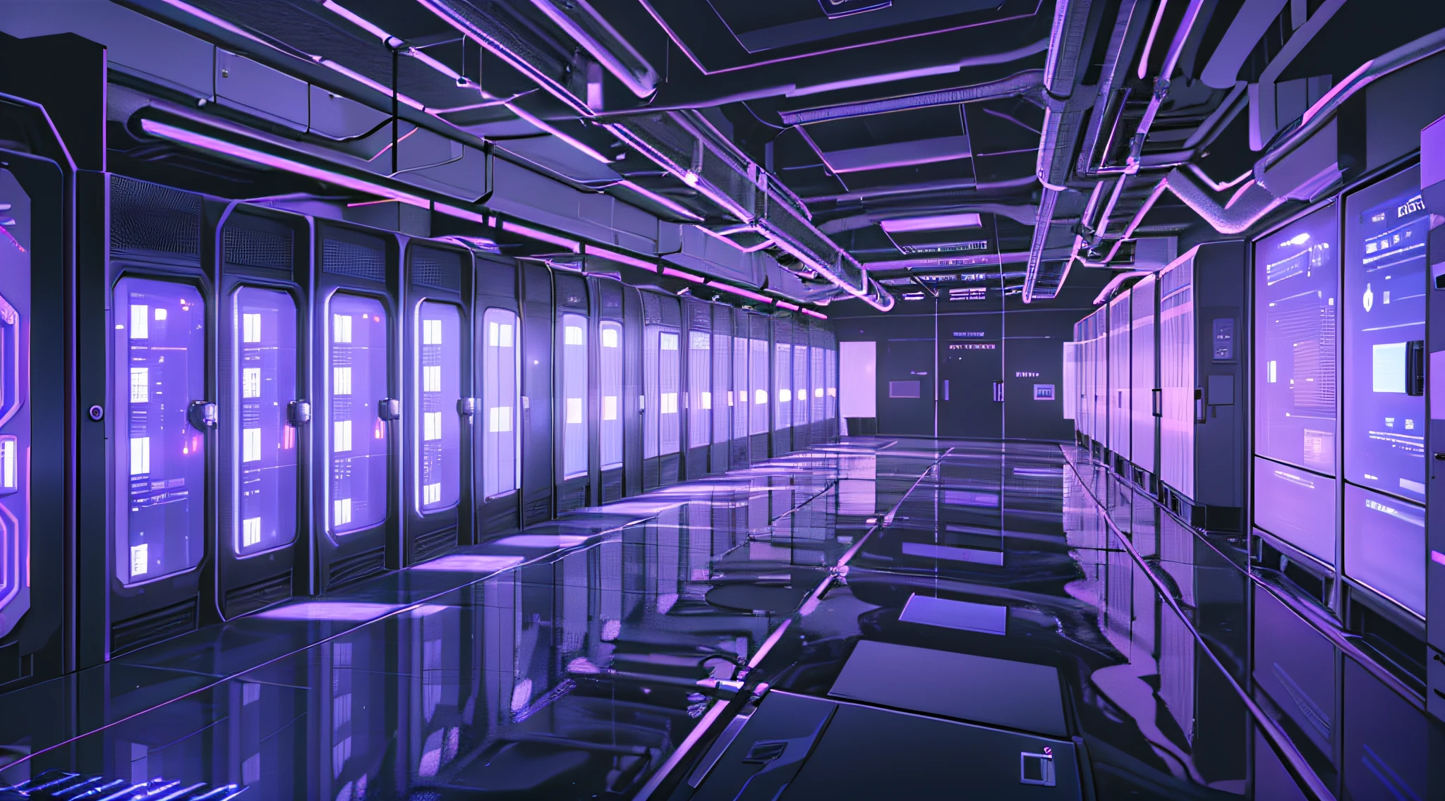a dimly lit hallway with rows of data and computer screens, background is data server room, hacking into the mainframe, cyber space, in realistic data center, 3840x2160, 3840 x 2160, spaceship hallway background, cyber architecture, surreal cyberspace, in detailed data center --auto --s2