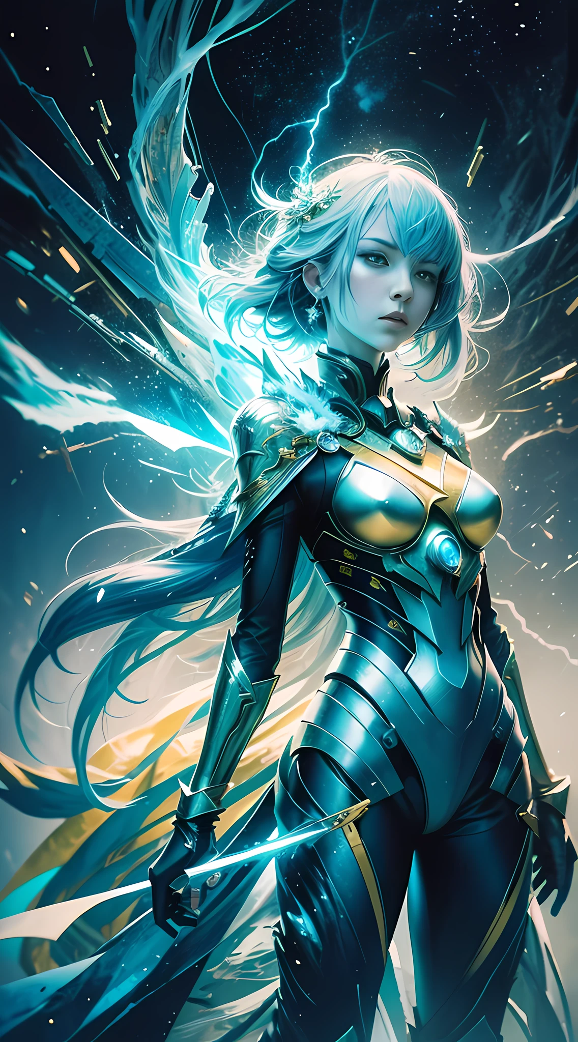 digital analysis, anime style, woman, tall, slender, elemental mage engulfed in blue flames and yellow lightning, color chaos, gold and ice tones, depth of field, beautiful, highly detailed, surreal, cinematic lighting, clear, spatial background, cinematic lighting soft, (backlight: 1.2), (blossom: 1.2), (bright light: 1.1), (chromatic aberration: 1.2), sharp focus, high contrast , masterpiece, realistic, full body