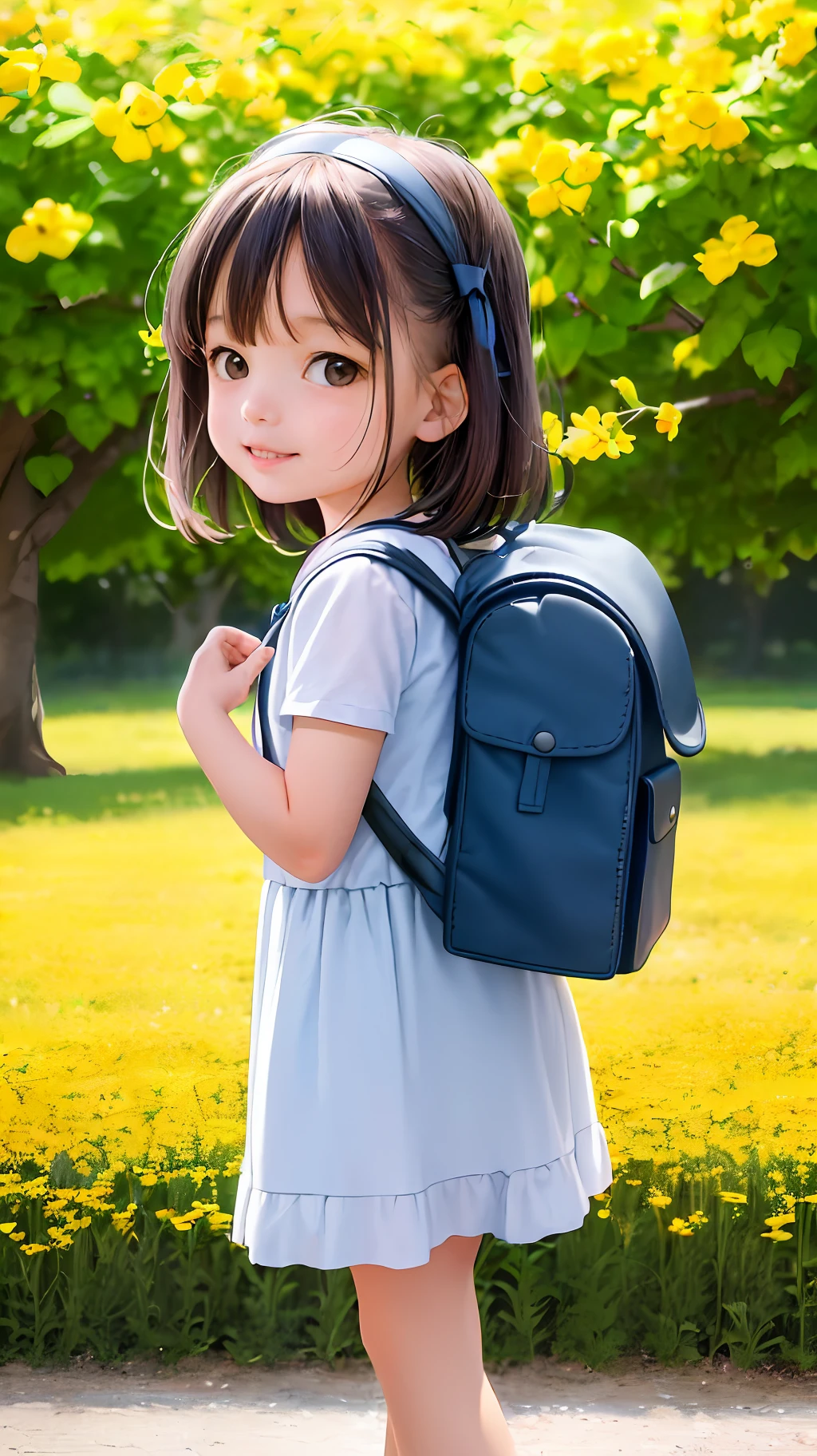 Tip: A very charming little girl with a backpack and her adorable puppy enjoying a lovely spring outing surrounded by beautiful yellow flowers and nature. The illustration is a high-definition illustration in 4K resolution with highly detailed facial features and cartoon-style visuals.