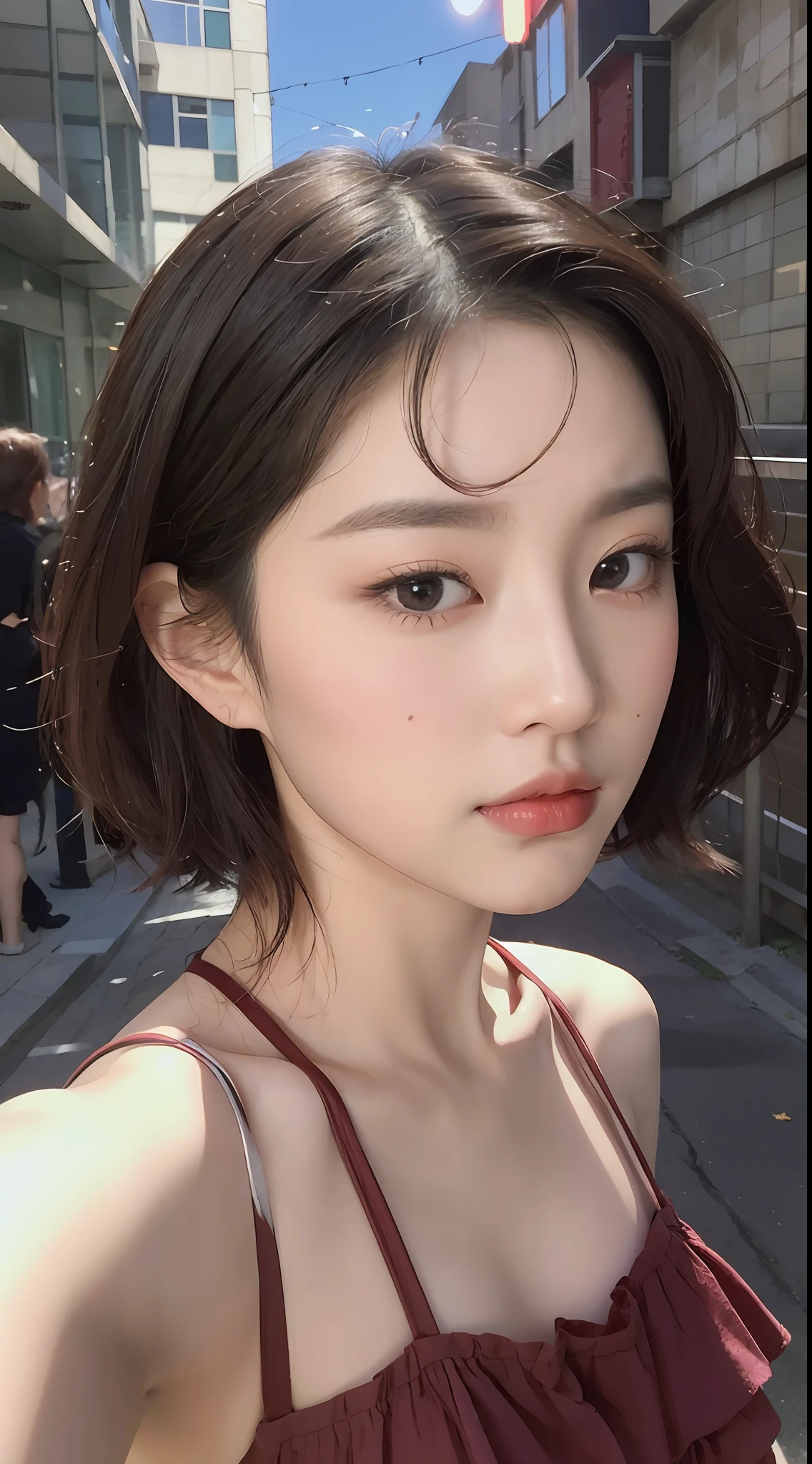 (1 cute Korean star), ((best quality, 8k, masterpiece: 1.3)), focus: 1.2, perfect body beauty: 1.4 , ((layered short hair: 1.2)), , (night, street:1.3), highly detailed face and skin texture, fine eyes, double eyelids, whitened skin, (dress: 1.3), looking at the camera, selfie,