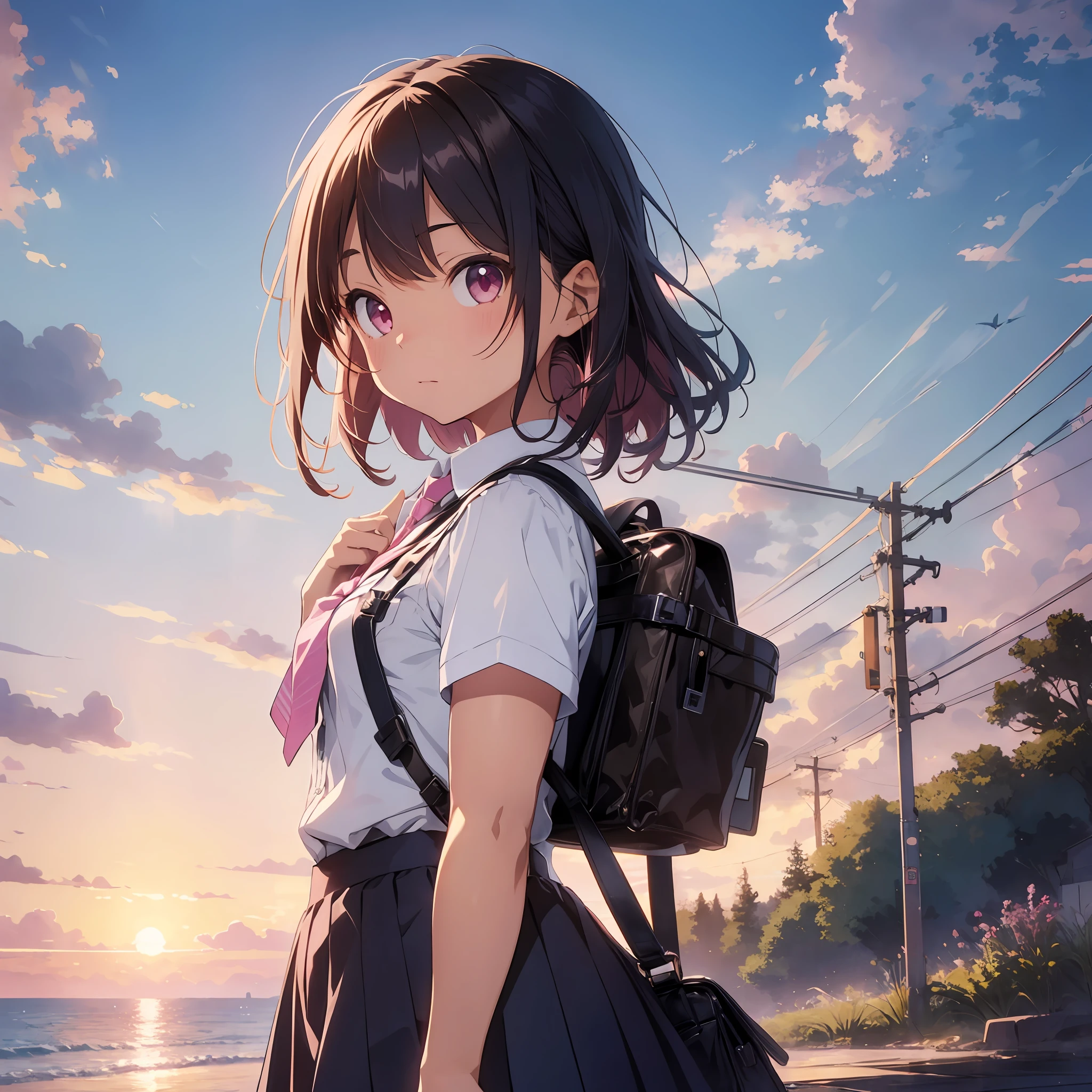 railroad tracks on the sea, sea, school uniform, pink tie, light blue short-sleeved shirt, black skirt with pink lines printed on it, thick eyebrows, headwind, sunset, leather backpack, (dark skin: 1.3), brown skin, movie lighting, small, beautiful light pink hair, (masterpiece), ((highest quality)), (super detailed), glossy skin, full body anime girl, solo, Clean and detailed anime face, high-resolution anime eyes, five fingers, textile shading, perfect human structure, perfect anatomy,