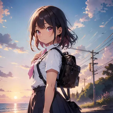 railroad tracks on the sea, sea, school uniform, pink tie, light blue short-sleeved shirt, black skirt with pink lines printed on it, thick eyebrows, headwind, sunset, leather backpack, (dark skin: 1.3), brown skin, movie lighting, small, beautiful light p...
