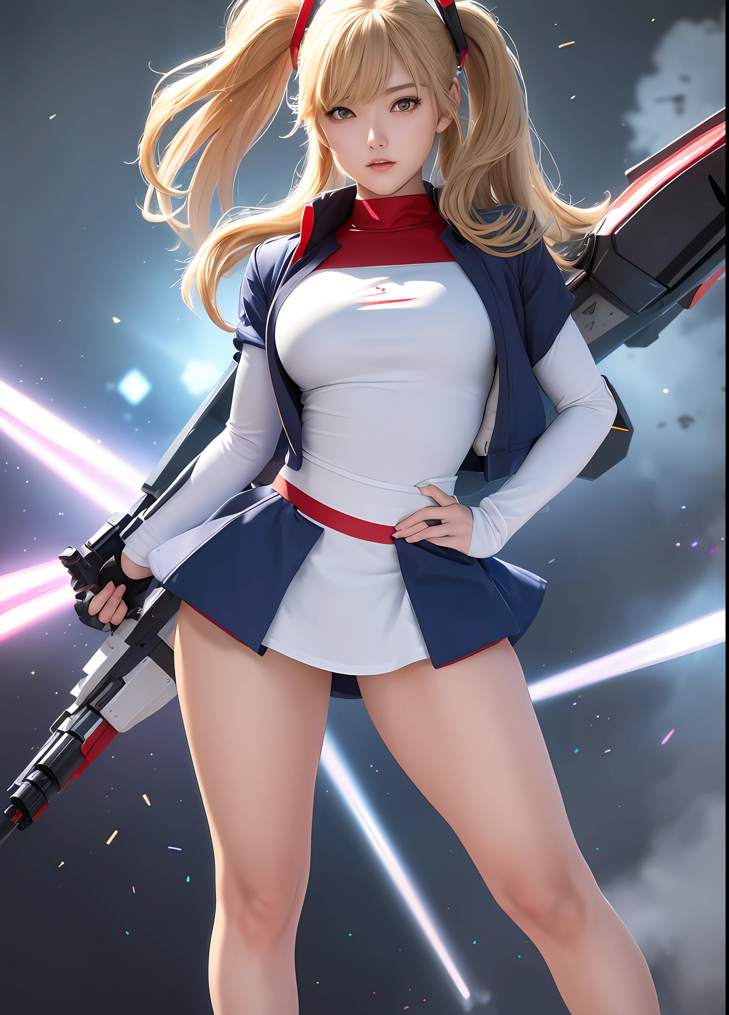 ((highest quality)), ((masterpiece)), personification of Gundam F91, great highlights of the upper body, powerful mechs, girl with a beam rifle, absolute realm, moist wet rather thick thighs, full body pose