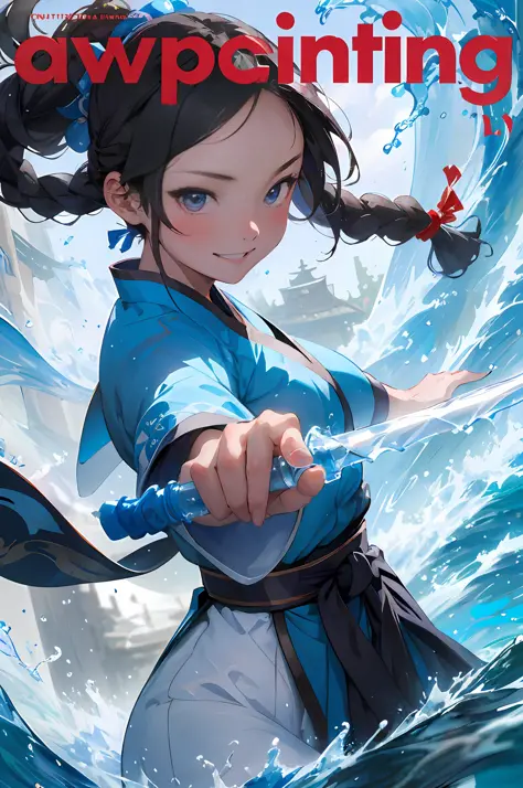 anime girl in blue outfit holding a bottle of water in front of a wave, artgerm and atey ghailan, artgerm and ruan jia, alice x....