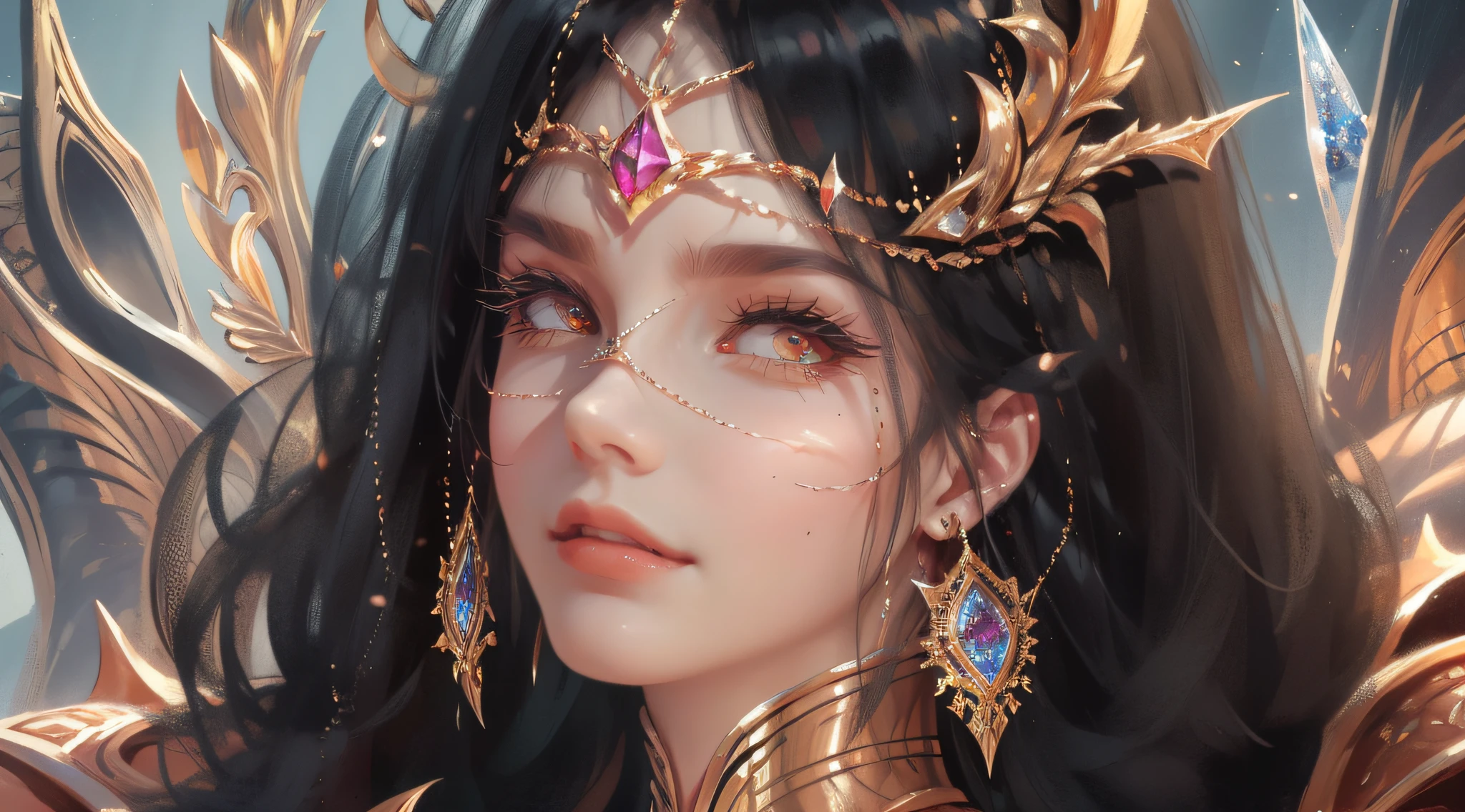 Brunette hair, curtain hair, surrealism, moles under eyes, raised eyebrows, long eyelashes, crystal earrings, light smile, high detail, cinematic lighting, three sided view, masterpiece, gorgeous armor, dragon behind her --auto --s2