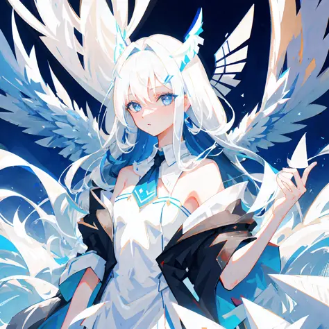 1 female, two-dimensional, white hair and blue eyes, black sky on the background, large white dragon horns on the head, bare shoulders, delicate face, front seat, wings spread behind the back, white skin, flat chest