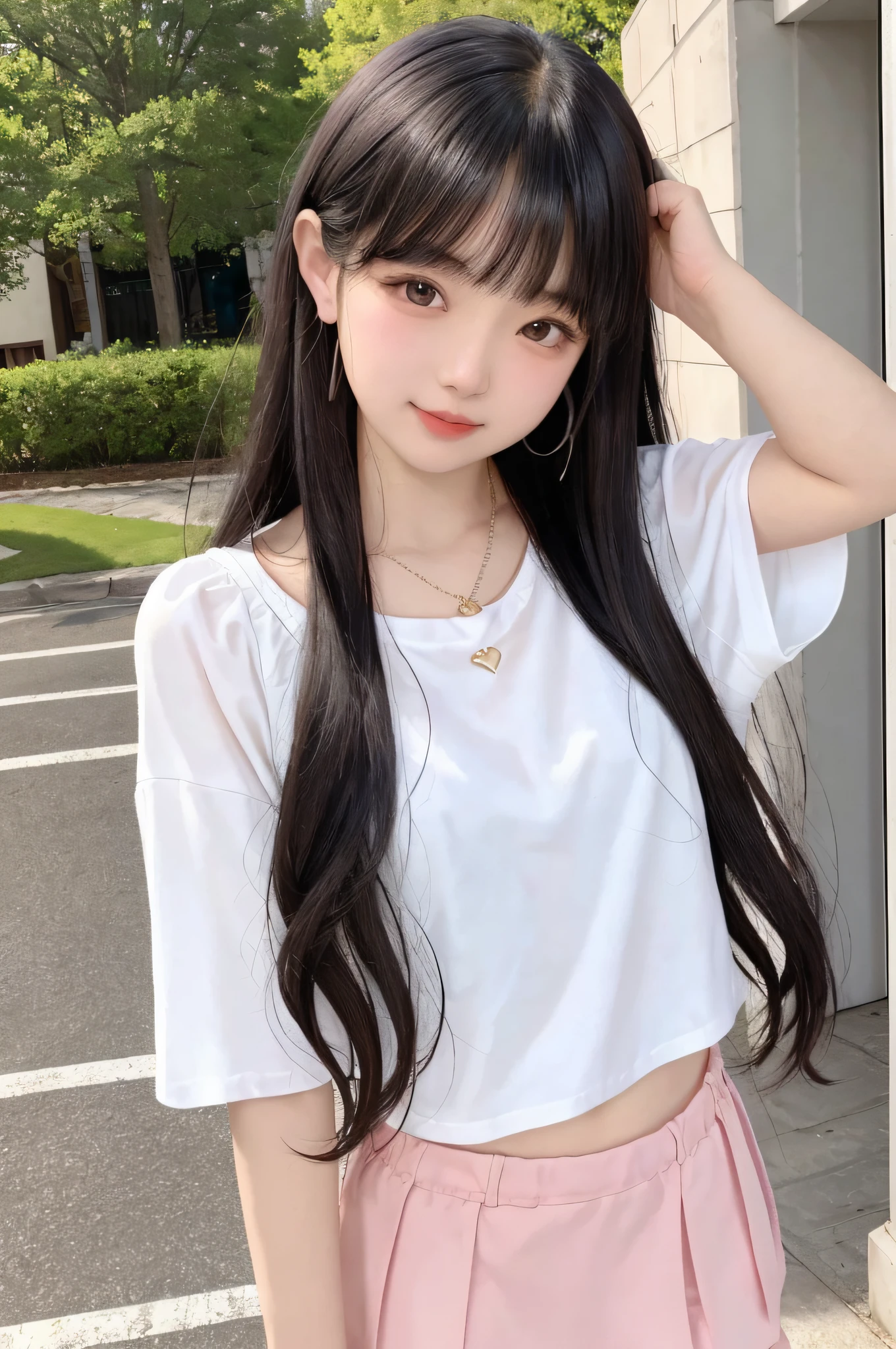 RAW, analog style, delicate, best quality, hyper detail, fine detailed, locate details, colorful, (perfect figure, perfect face), (beautiful 18 years old cute korean girl: 1.3), soft lips, (light eyebrows: 1.4), 1 female, 18 years old, solo focus, skinny, pale skin, soft lips, ( Light eyebrows: 1.4), shiny brown eyes, long black hair, hairpins, medium chest, beautiful and delicate sky, flowing hair, (nose blush), beautiful and delicate eyes, white T-shirt, blue girl dress, smile, best quality, super high resolution, (realism: 1.4), hyperrealism, 1 girl, looking at the audience, smiling, cute, full body, street, outdoors, upper body white transparent T-shirt, pink low chicken heart C cup, lower body beige hip wrapped short skirt, supple skin, cute charming round face, very detailed, Delicate collarbone, sapphire necklace, glamorous figure