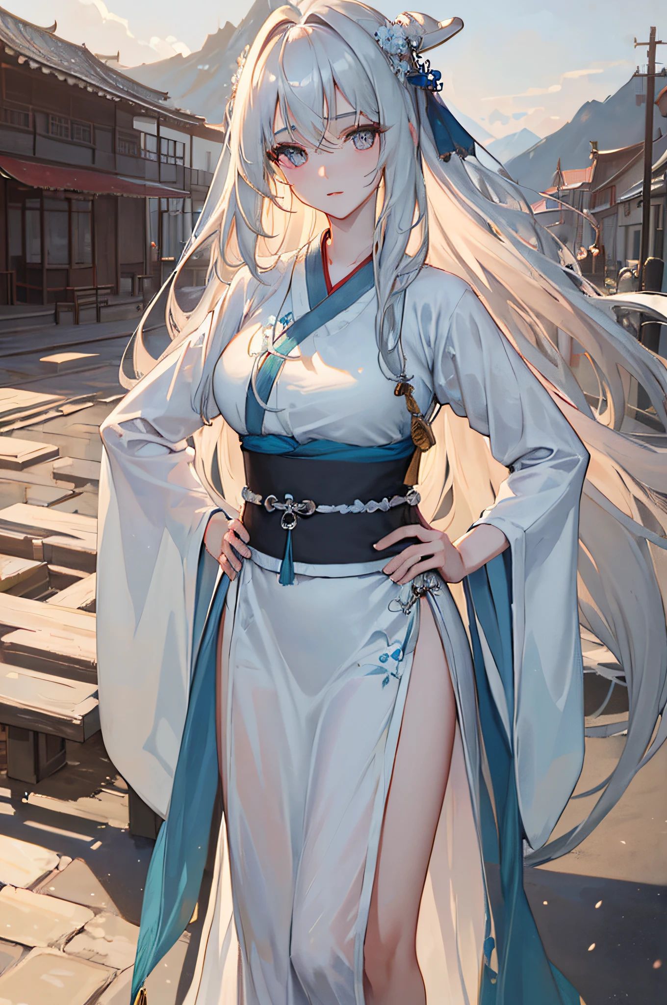 (masterpiece:1.5),(best quality:1.5),(ultra-detailed:1.5),illustration,cowboy shot,1girl,solo,(buildings),perfect face,lustrous skin,long hair,beautiful detailed eyes,beautiful flowing hair,(ru_qun:1.5),(hanfu:1.5),chinese clothes, white dress,white thighhighs, (bloom),lighting, ray tracing,outdoors,  mountains, nature,hair ornament, hair ribbon,hand on hip,looking at viewer,ahoge,large breasts, (deep depth of field:1.5),hair ornament, forest,barefoot sandals