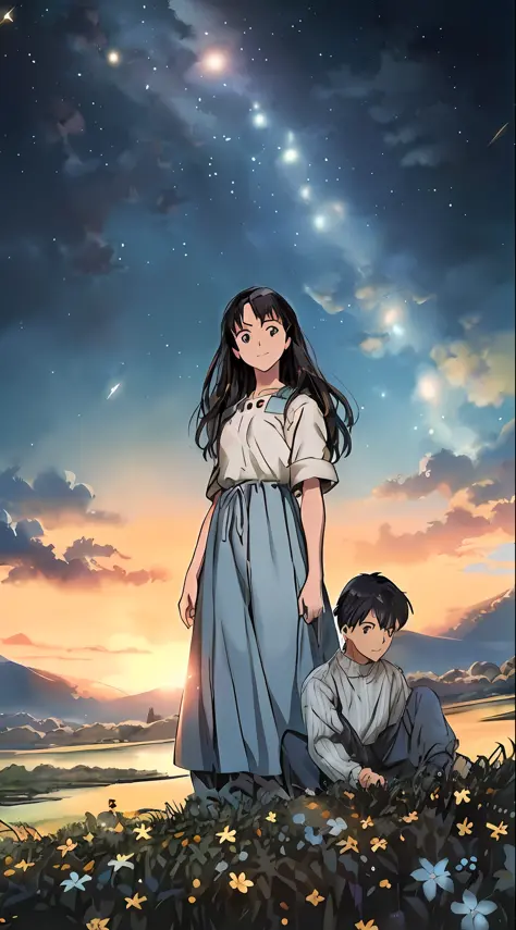 anime scene of a young girl and a boy sitting in a field, ( ( makoto shinkai ) ), sakimichan and makoto shinkai, official art, m...