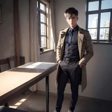 8k resolution, ultra-fine detail, fine picture, strong light tracing, masterpiece, high quality, detail light, ray tracing, 1 boy, short gray hair, full body photo, perfect face, blue ear drill, a cigarette khaki trench coat in the mouth, open, eight-pack ...