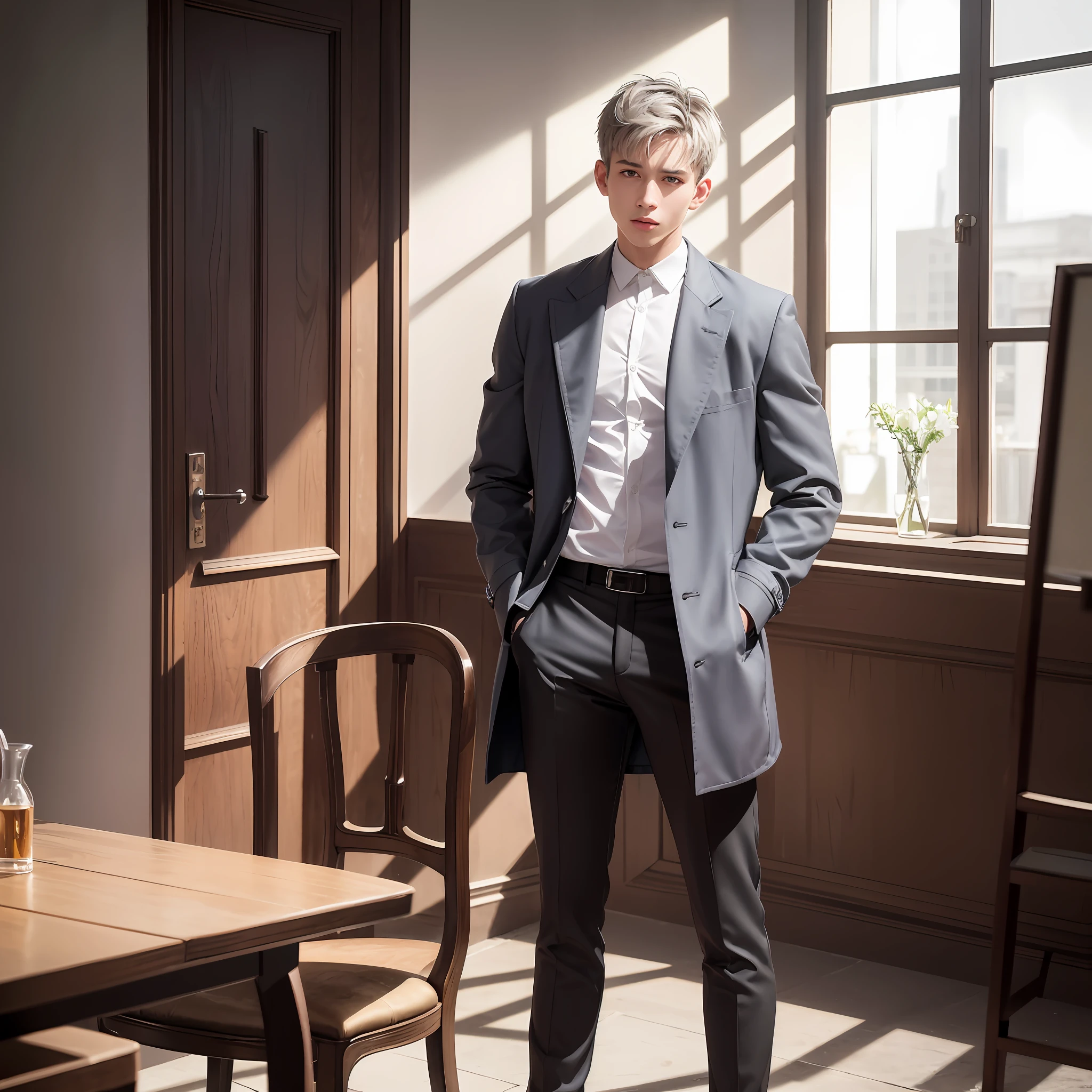 8k resolution, ultra-fine detail, fine picture, strong light tracing, masterpiece, high quality, detail light, ray tracing, 1 boy, short gray hair, full body photo, perfect face, blue ear drill, a cigarette khaki trench coat in the mouth, open, eight-pack abs, black slacks, sneakers, leaning on the table, photo pose