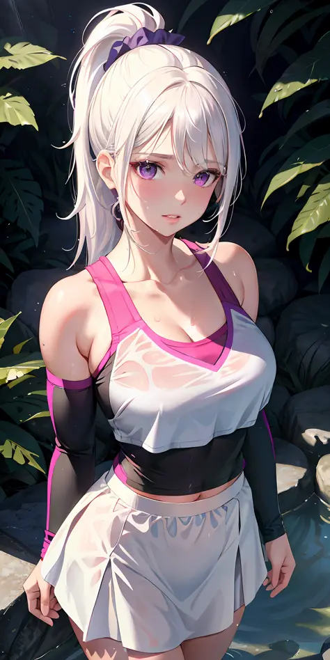 realistic, 1girl, ponytail, parted lips, blush, makeup, light smile, white hair, sportswear, skirt, wet clothes, glow, thighs, p...