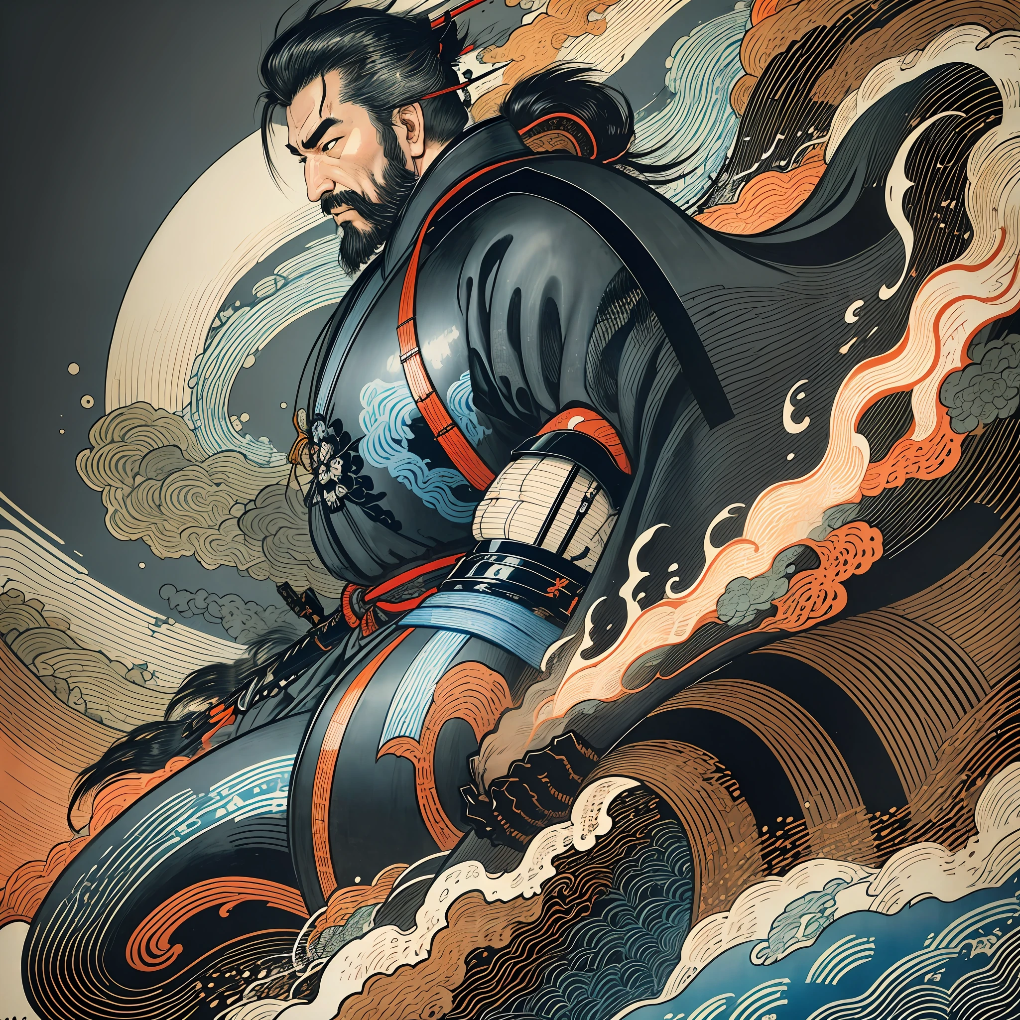 Es handelt sich um ein Ganzkörpergemälde mit natürlichen Farben und Strichzeichnungen im Stil von Katsushika Hokusai. Der Schwertkämpfer Miyamoto Musashi hat einen großen Körper wie ein starker Mann. Samurai von Japan. Er hat einen würdevollen, aber dennoch männlichen Ausdruck der Entschlossenheit, kurze schwarze Haare, und eine kurze, gestutzter Bart. Sein Oberkörper ist mit einem schwarzen Kimono bedeckt und sein Hakama ist knielang. In seiner rechten Hand hält er ein japanisches Schwert. in höchster Qualität, im hochauflösenden Ukiyo-e-Stil Blitze und wirbelnde Flammen des Meisterwerks. Miyamoto Musashi steht mit Gesicht und Körper nach vorne gerichtet, sein Rücken gerade.