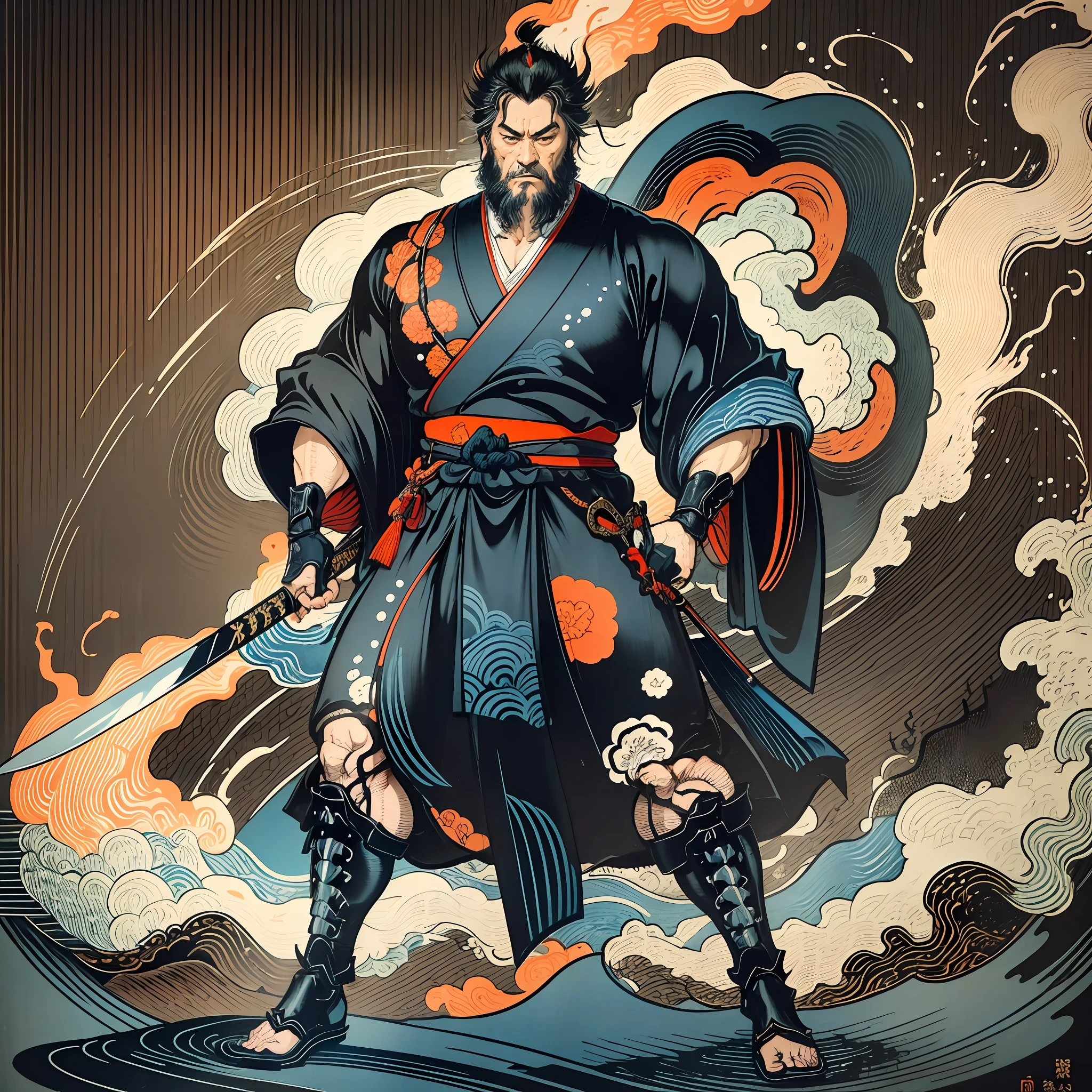 It is a full-body painting with natural colors with Katsushika Hokusai-style line drawings. The swordsman Miyamoto Musashi has a big body like a strongman. Samurai of Japan. He has a dignified yet manly expression of determination, short black hair, and a short, trimmed beard. His upper body is covered in a black kimono and his hakama is knee-long. In his right hand he holds a Japan sword. In the highest quality, in the high-resolution ukiyo-e style lightning and swirling flames of the masterpiece. Miyamoto Musashi stands with his face and body facing forward, his back straight.