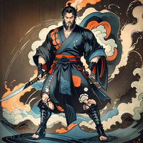 It is a full-body painting with natural colors with Katsushika Hokusai-style line drawings. The swordsman Miyamoto Musashi has a...