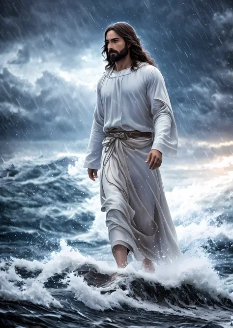 jesus walking on water in a storm, masterpiece, best quality, high quality, extremely detailed CG unit 8k wallpaper, award winni...