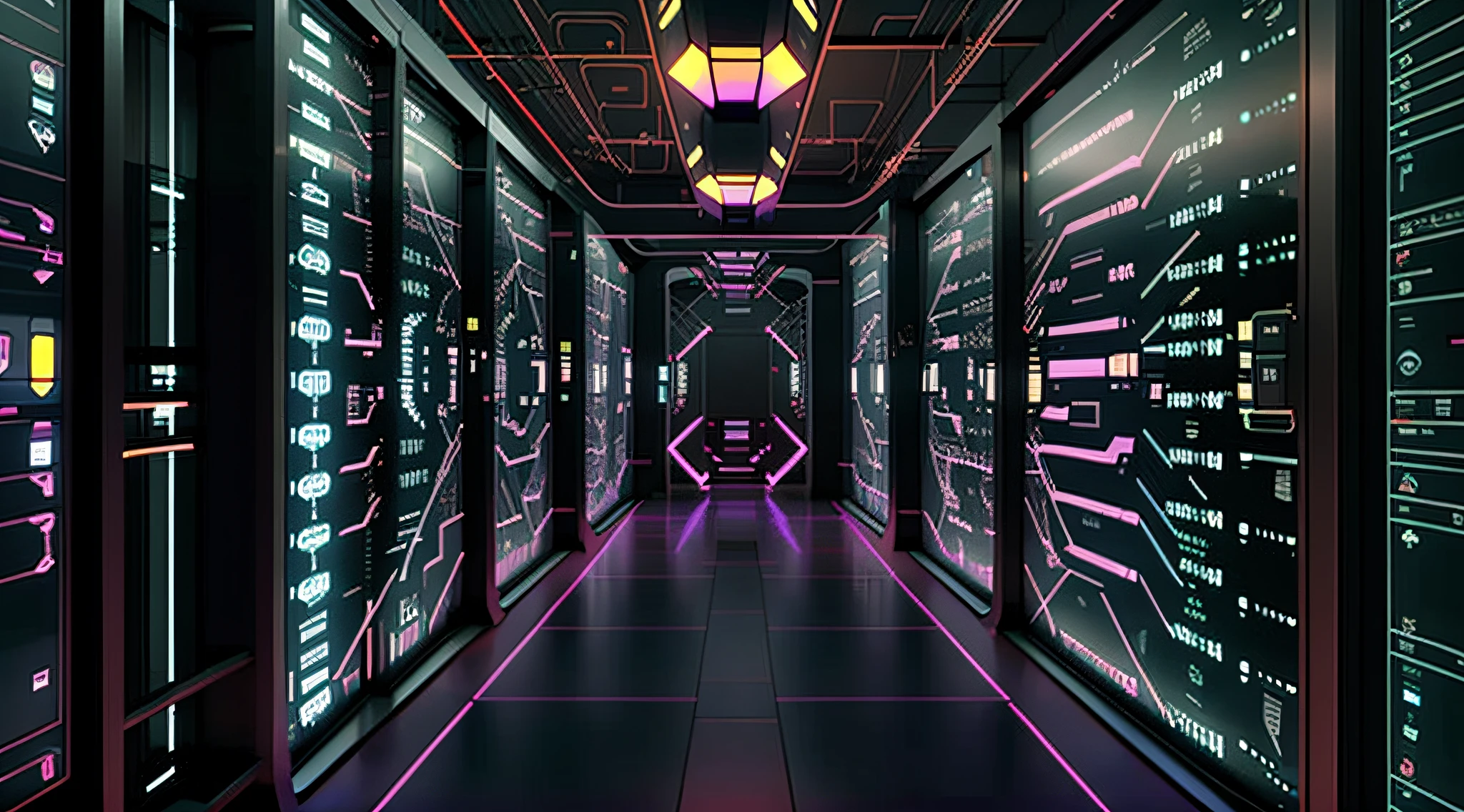 тускло освещенный коридор с рядами данных и компьютерными экранами, фон — серверная комната данных, взлом мейнфрейма, киберпространство, в реалистичном дата-центре, 3840x2160, 3840 х 2160, фон коридора космического корабля, киберархитектура, сюрреалистическое киберпространство, в подробном дата-центре